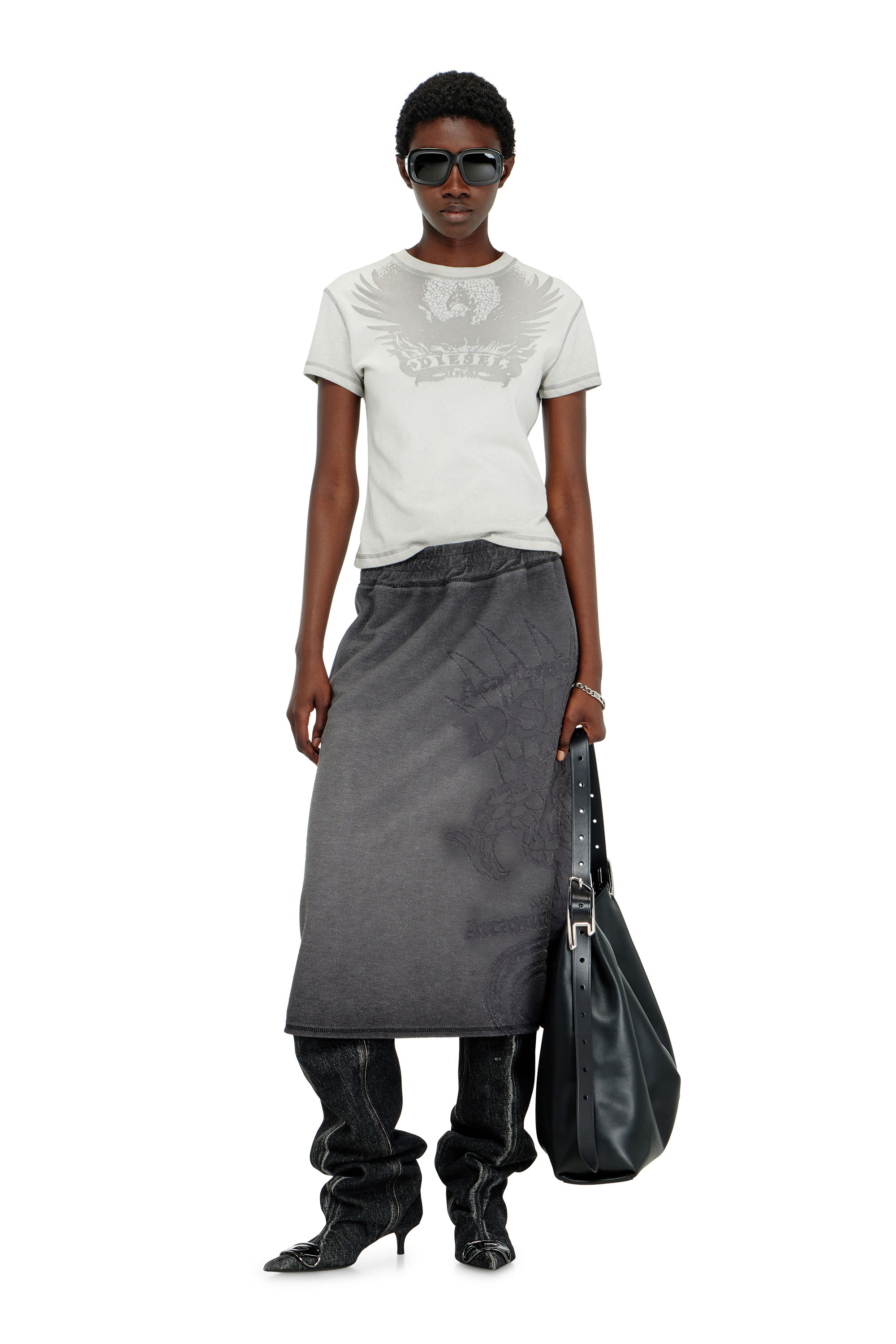 Diesel - O-BEAUTY, Woman's Fleece midi skirt with d&eacute;vor&eacute; print in Dark grey - 2