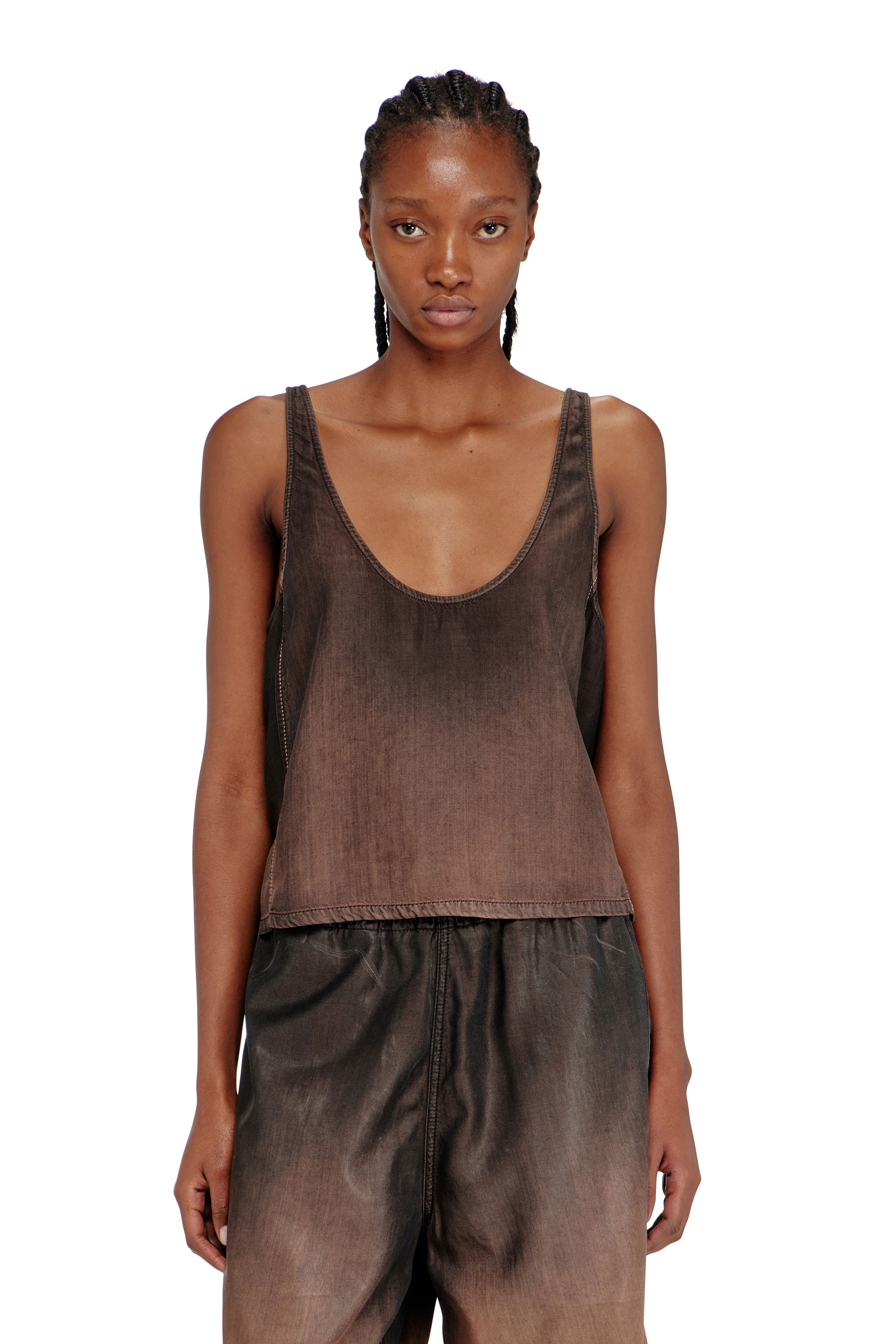 Diesel - DE-NORIAN-S, Woman's Tank top in fluid coated denim in Brown - 1