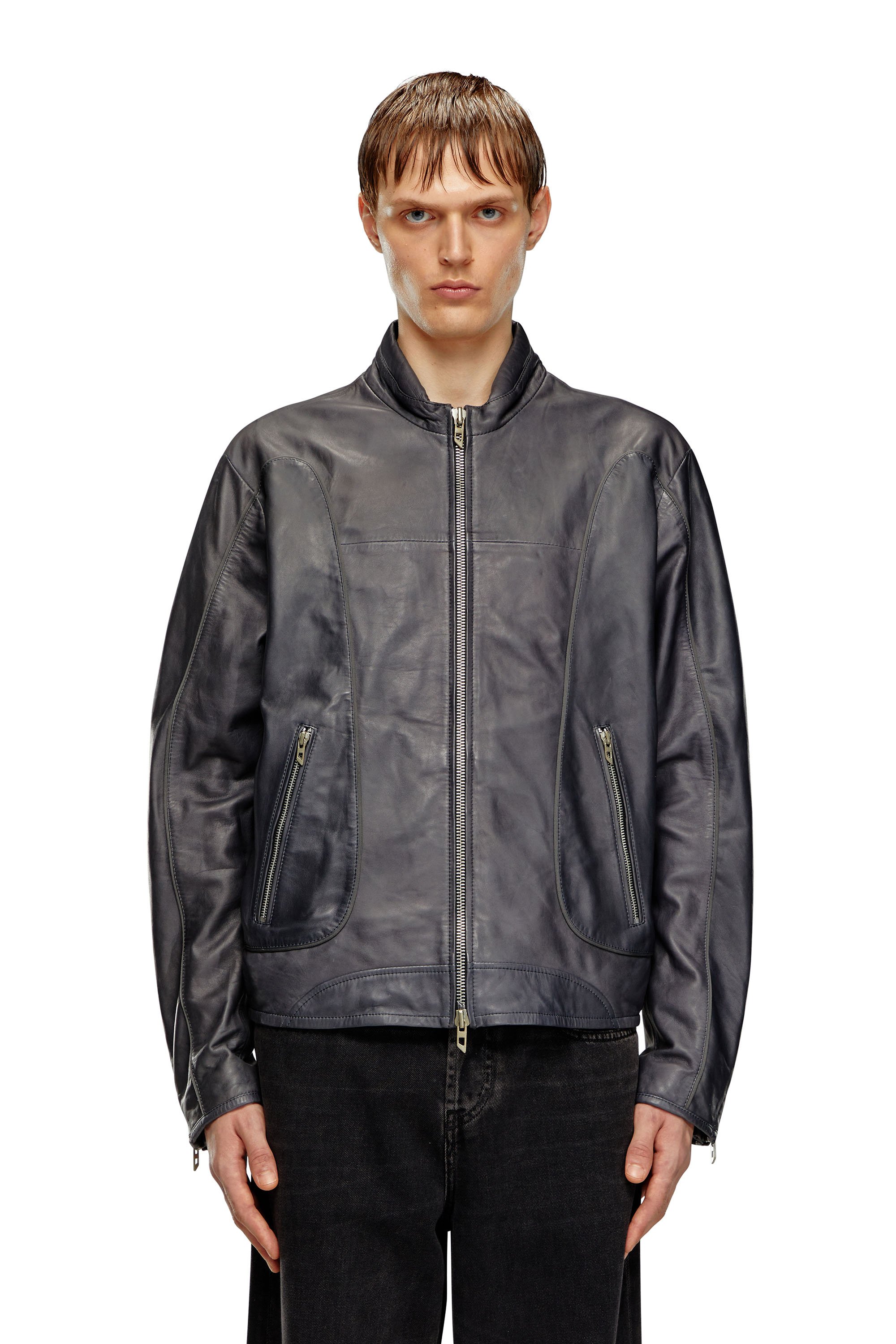 Diesel - L-KRIX, Man Leather biker jacket with piping in Black - Image 6