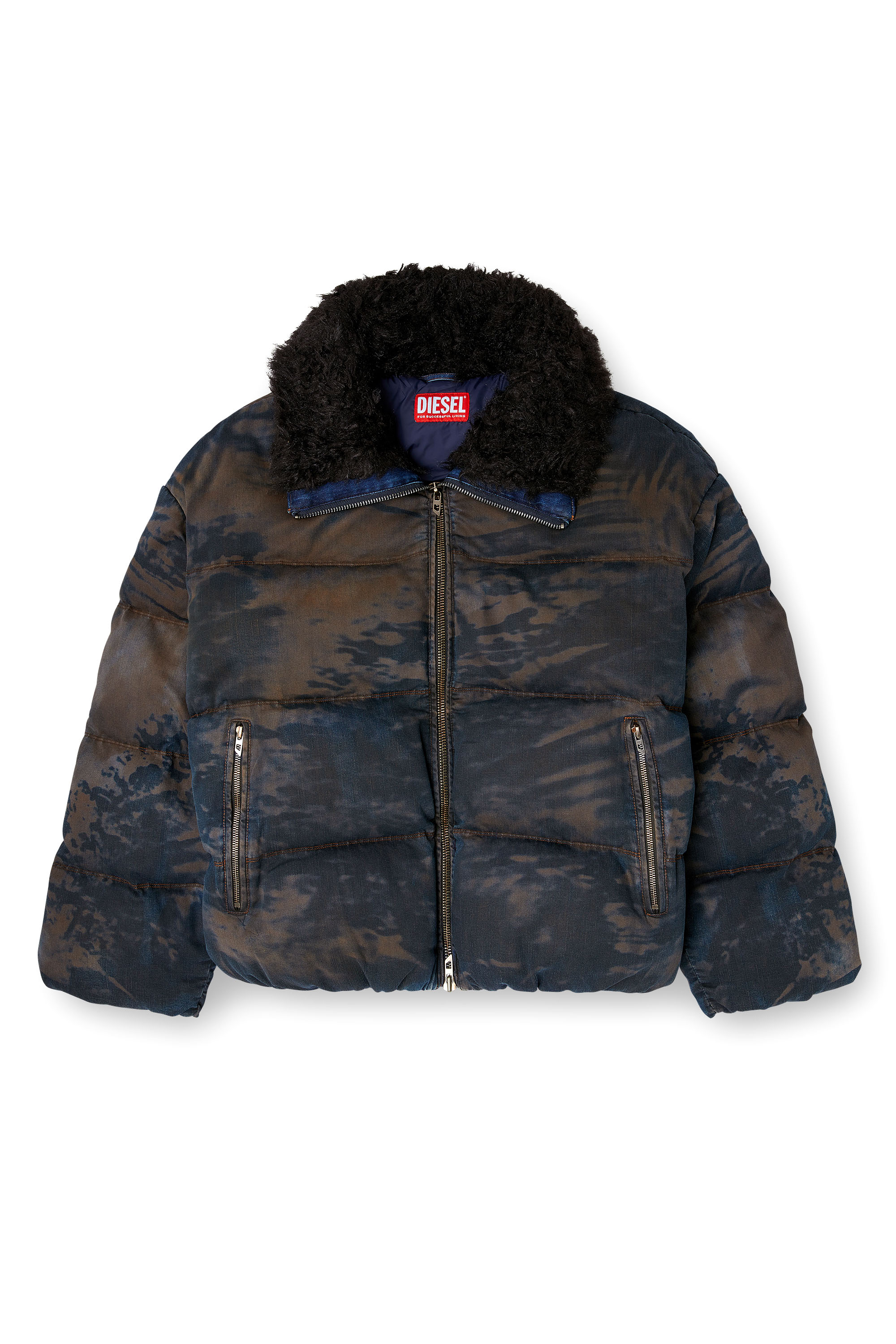 Diesel - W-JOHNS, Man's Puffer jacket in dirt-effect camo denim in Black/Brown - 2