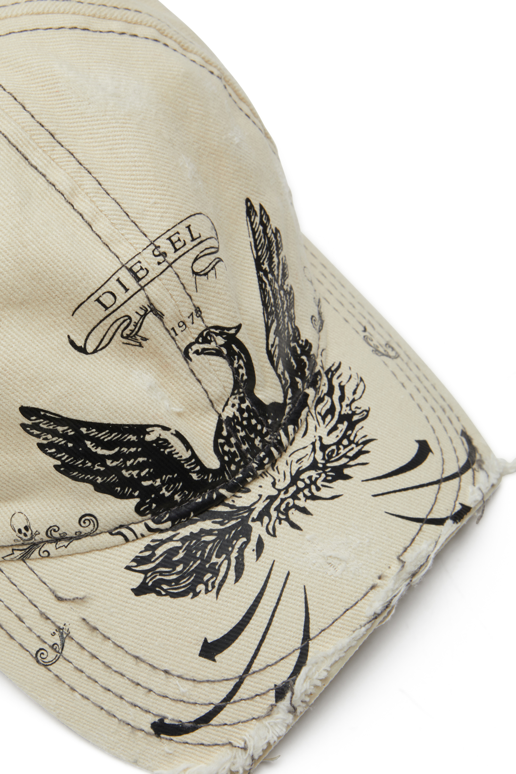 Diesel - C-FENIX, Man's Distressed baseball cap with Phoenix print in White - 3