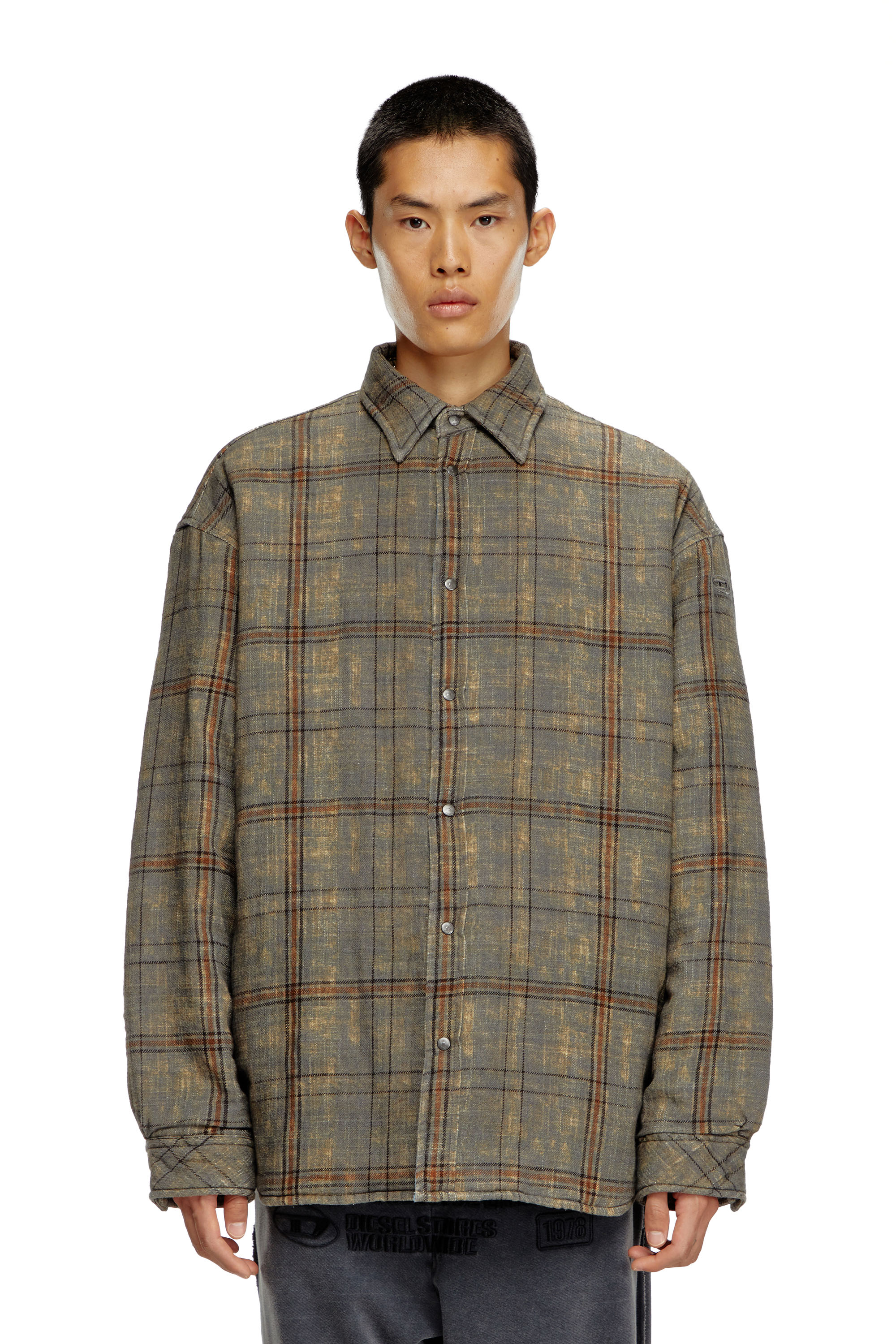 Diesel - S-HAMME, Man's Padded jacket in checked slub cotton in Green/Brown - 6