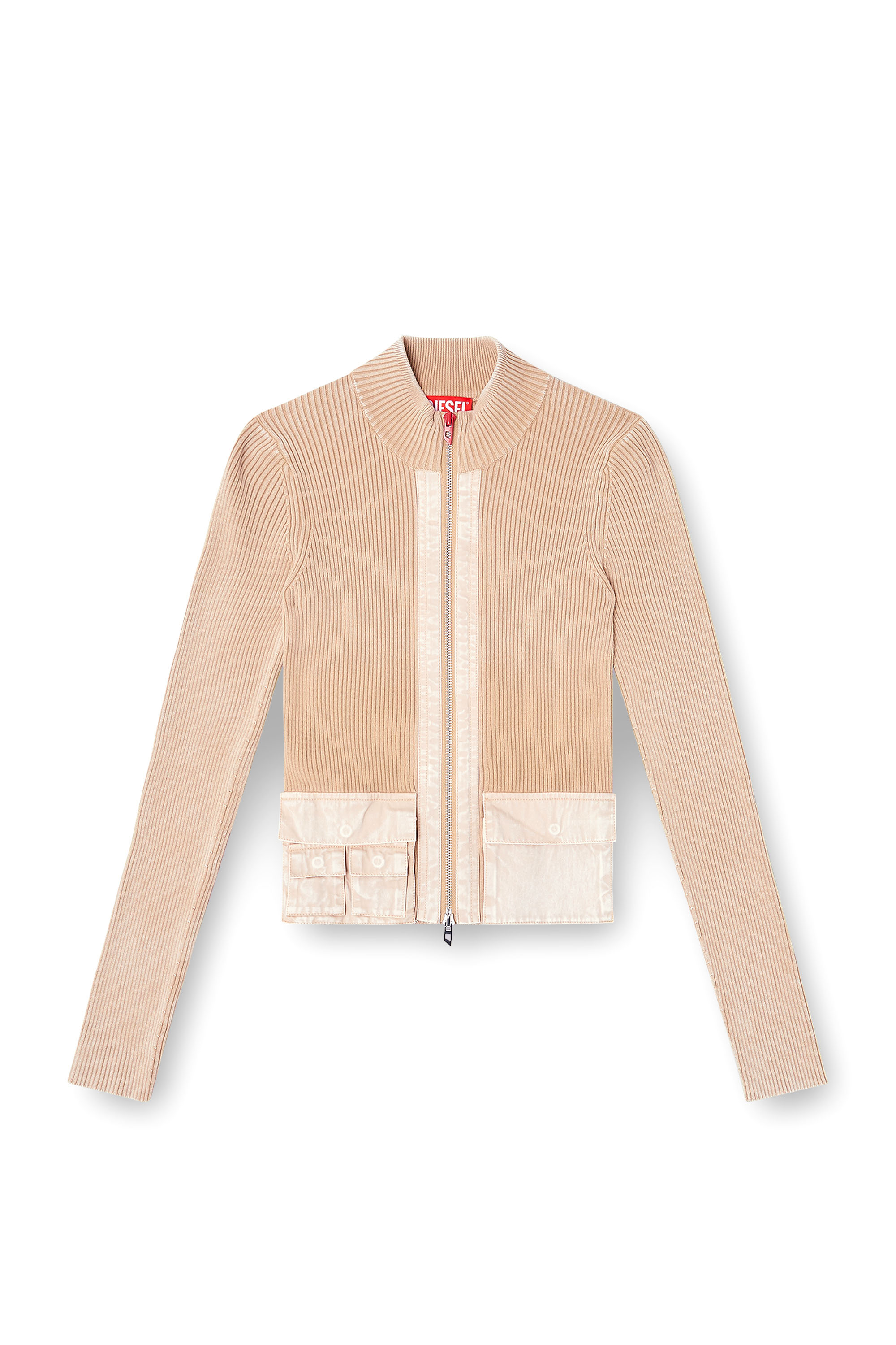 Diesel - M-MELISSA, Woman's Zip-up cardigan with denim cargo pockets in Beige - 3