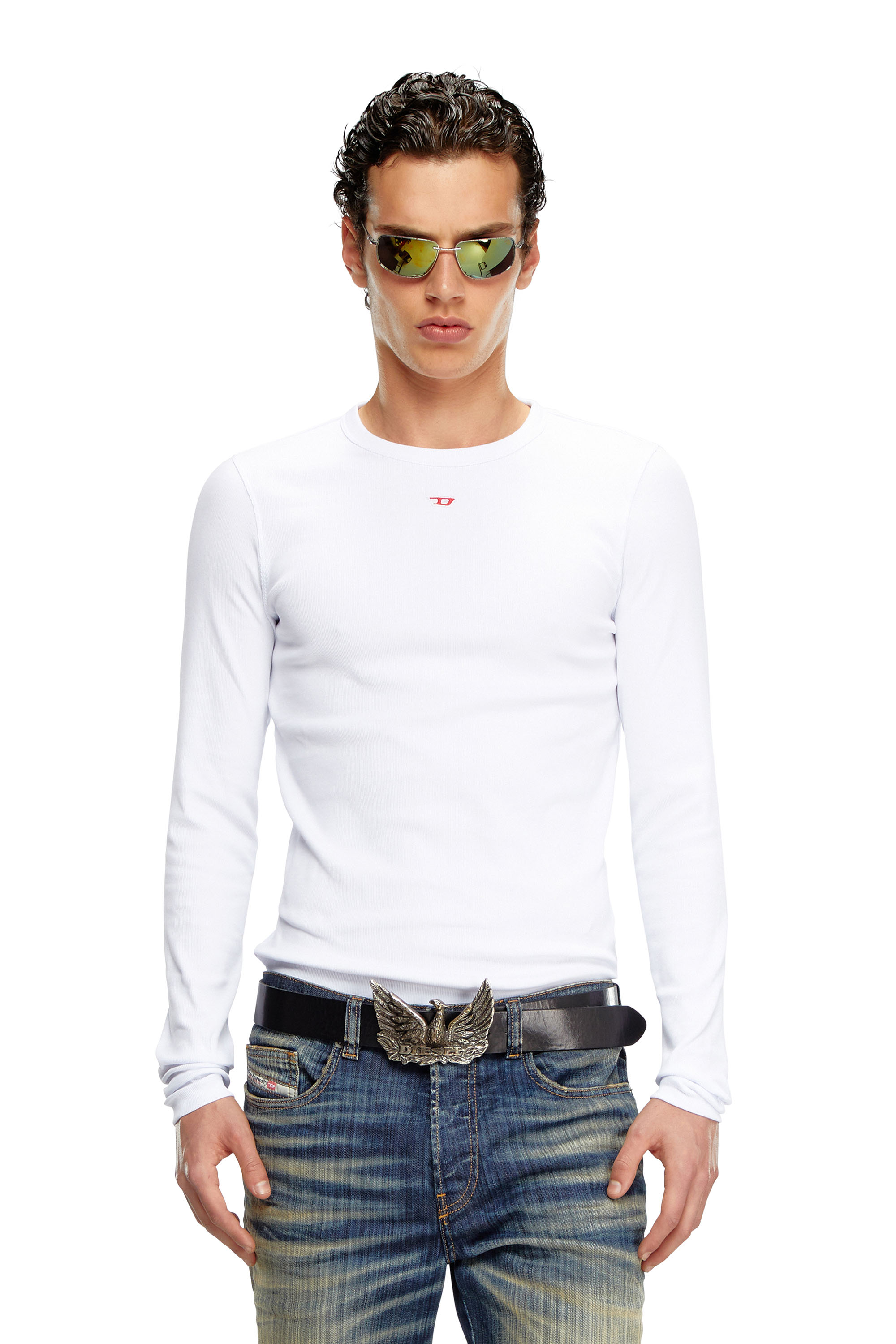 Diesel - D-RIBBER-LS-N, Man's Long-sleeve T-shirt with D patch in White - 1