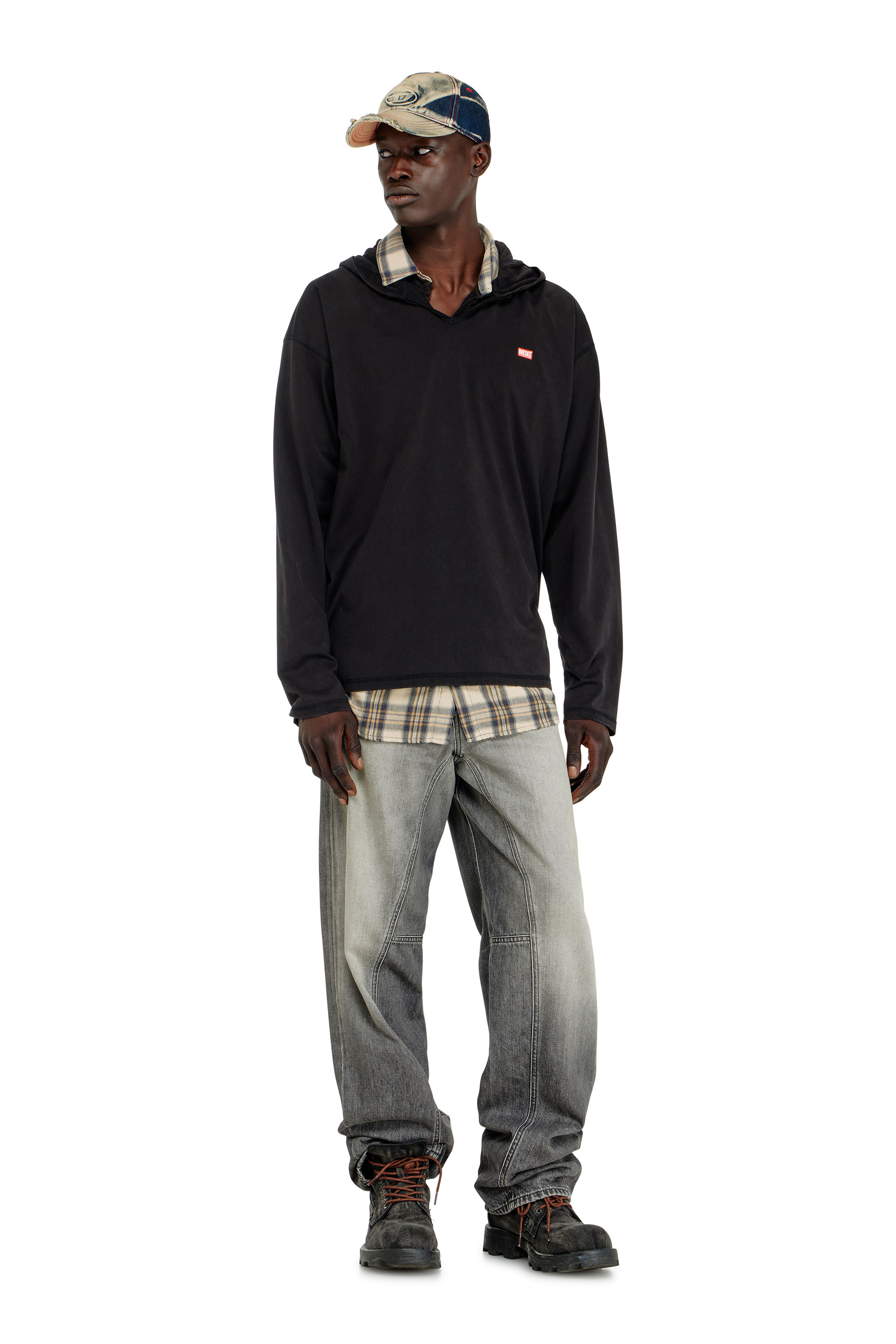 Diesel - T-BOXT-LS-HOOD-CHECK, Man's Long-sleeve T-shirt with flannel hood in Black - 2