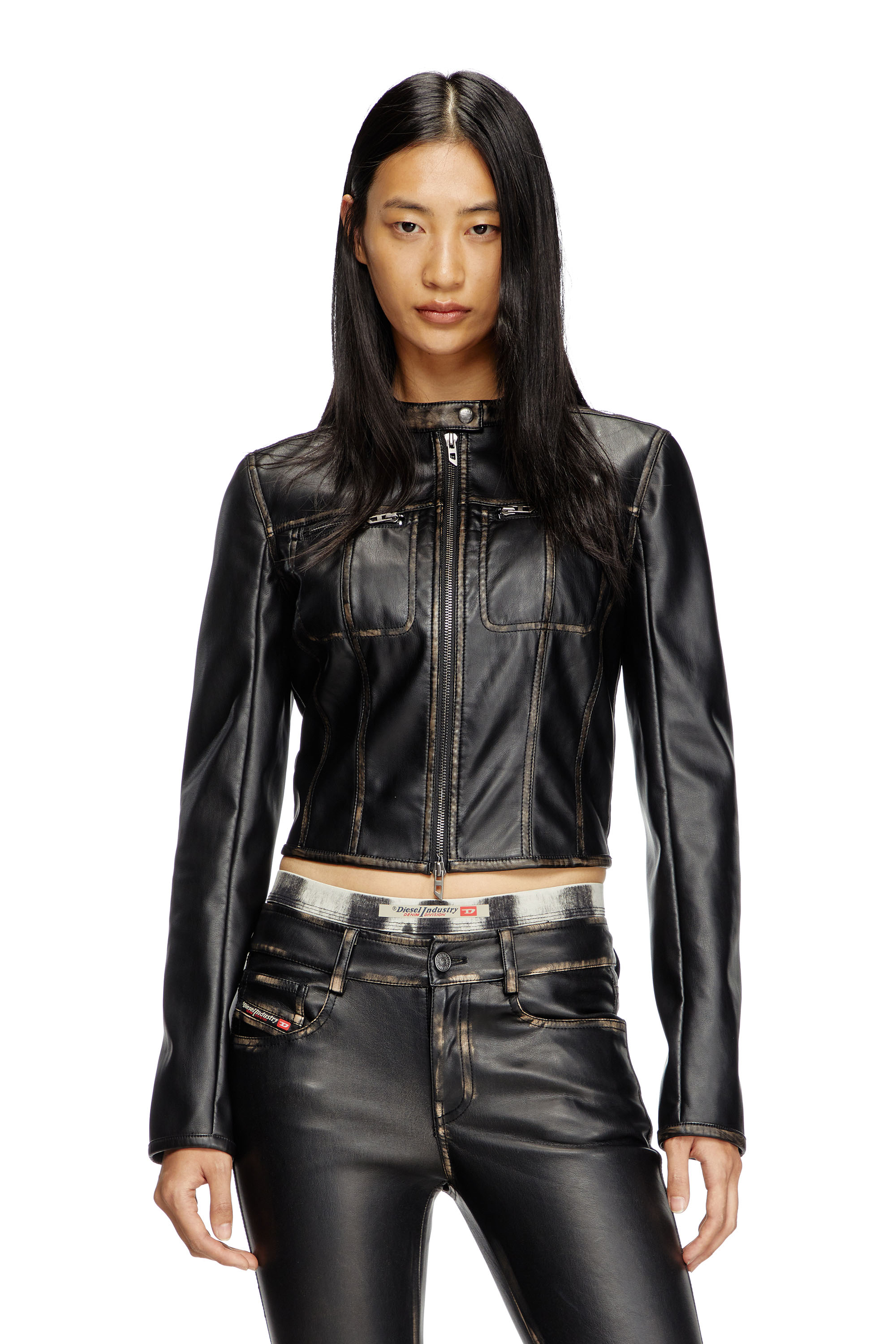 G-LOBE, Black Diesel - G-LOBE, Woman's Cropped distressed biker jacket in Black - 3