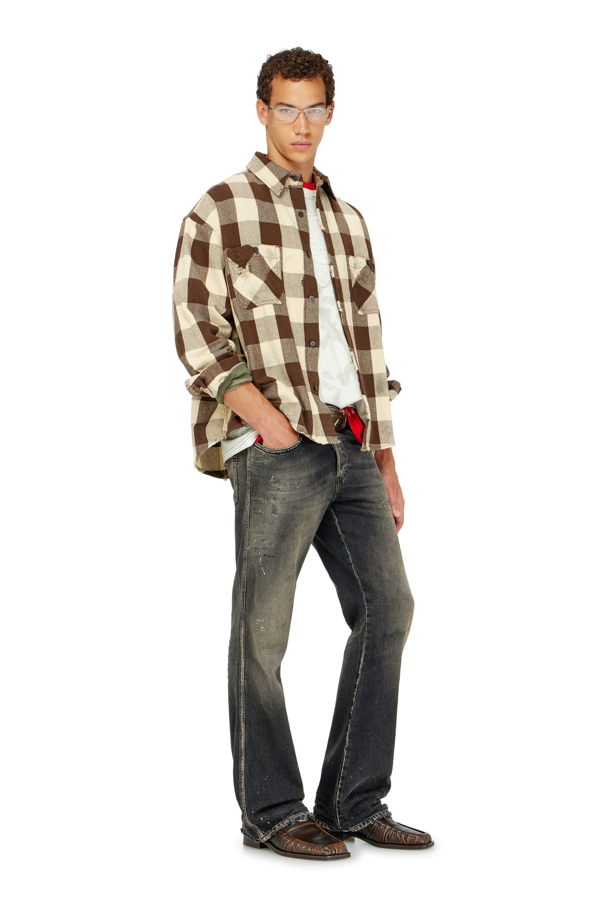Diesel - S-DRUM, Man's Check flannel shirt with distressed effect in Brown/White - 2