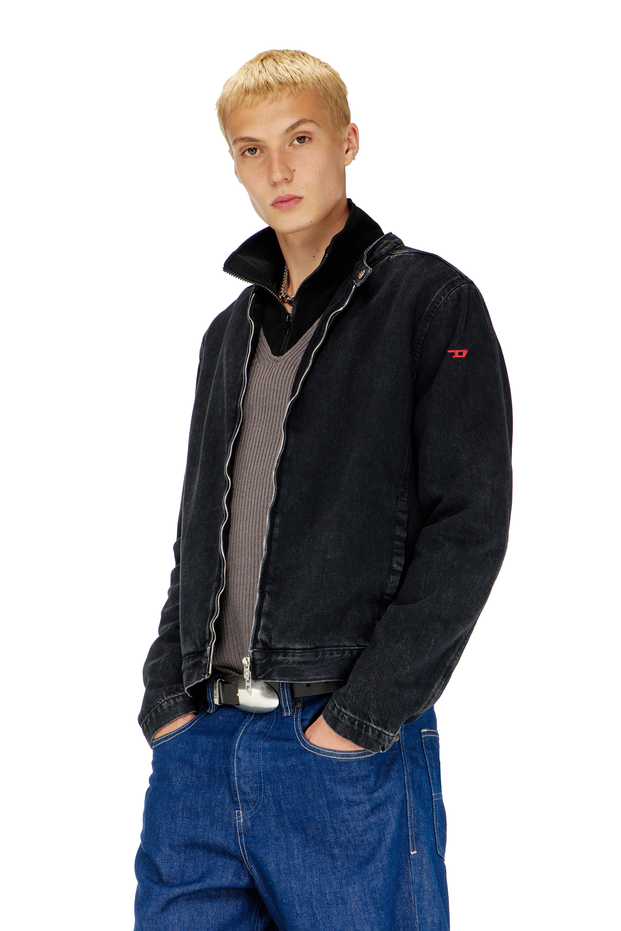 Diesel - D-GLORY, Man's Moto jacket in clean-wash denim in Black - 1