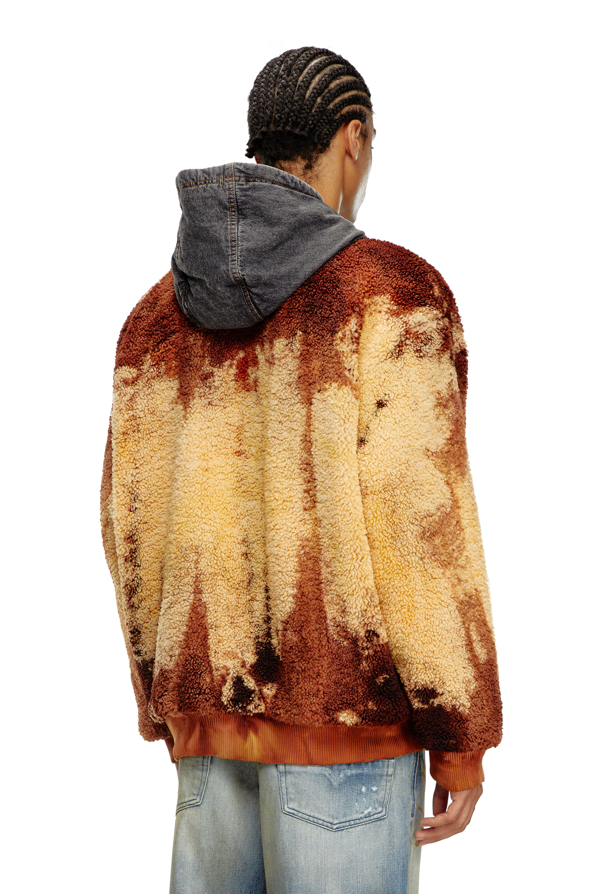 Diesel - S-DEPLA, Man's Tie-dyed teddy jacket with denim hood in Brown/Yellow - 4