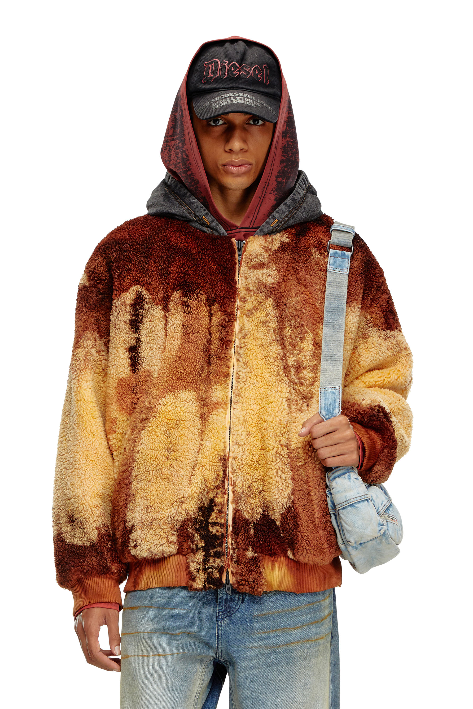 Diesel - S-DEPLA, Man's Tie-dyed teddy jacket with denim hood in Brown/Yellow - 1