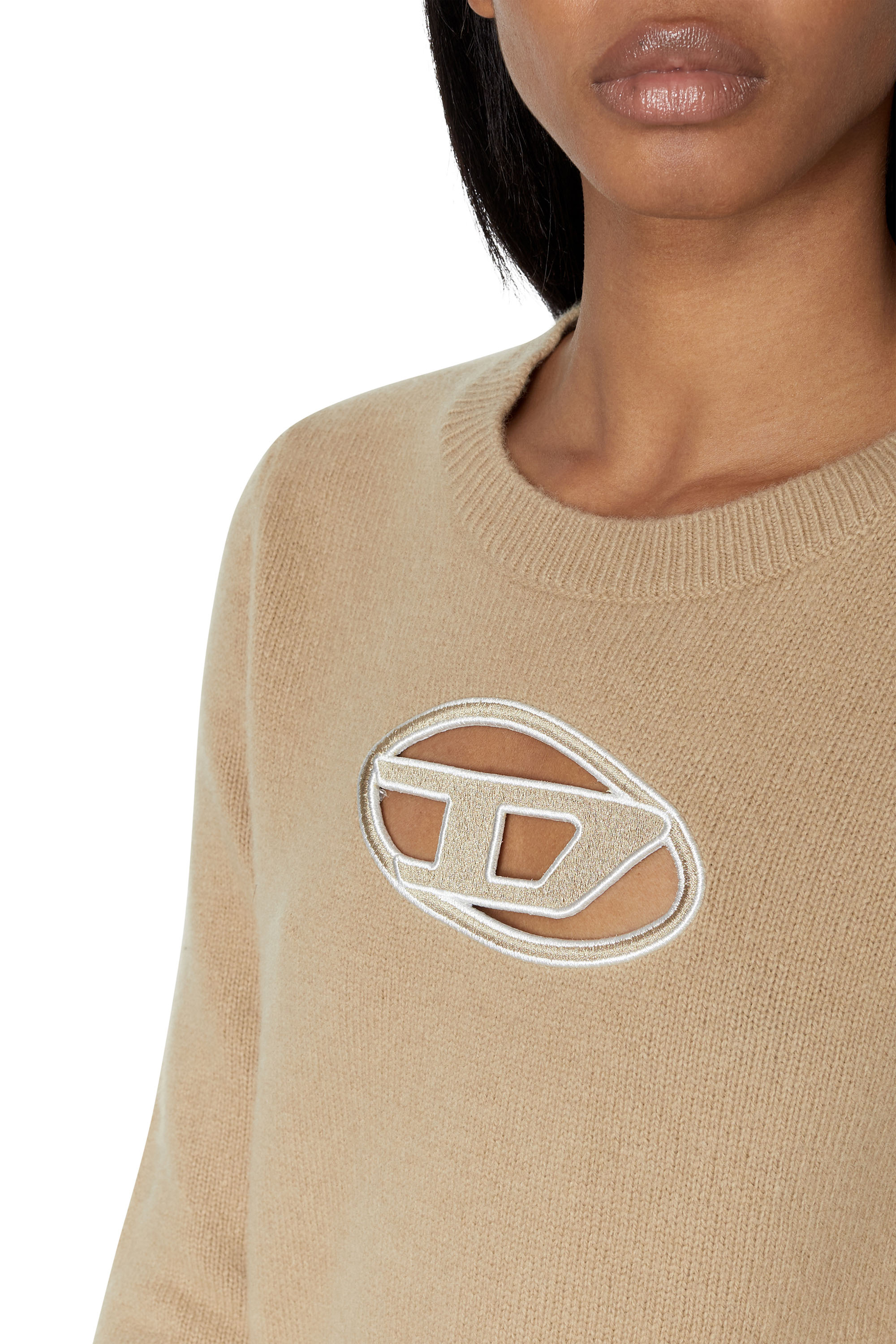 Diesel - M-AREESA, Woman's Jumper with embroidered cut-out logo in Beige - 5