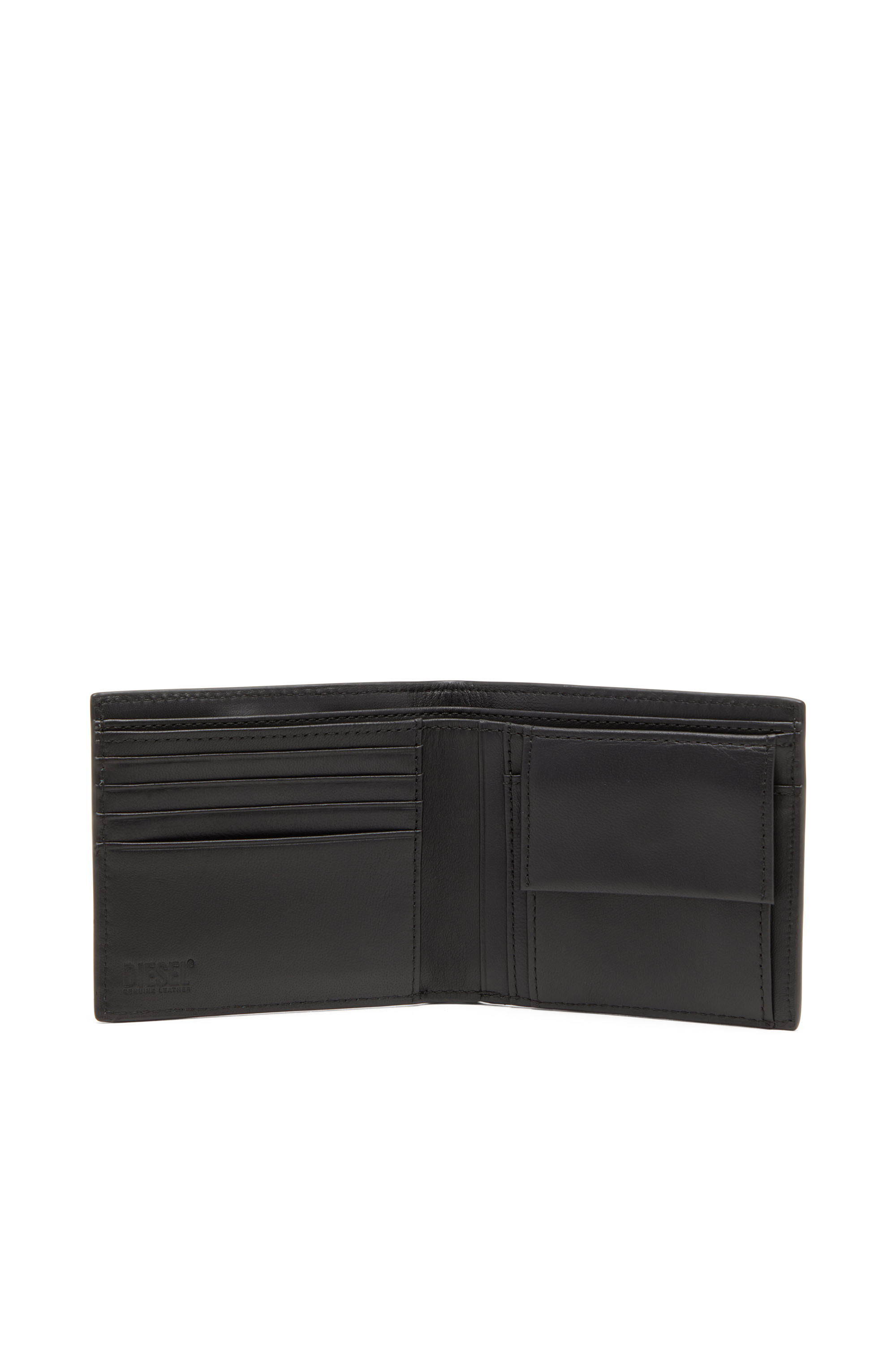 Diesel - RAVE BI-FOLD COIN S, Man Leather bi-fold wallet with red D plaque in Black - Image 3
