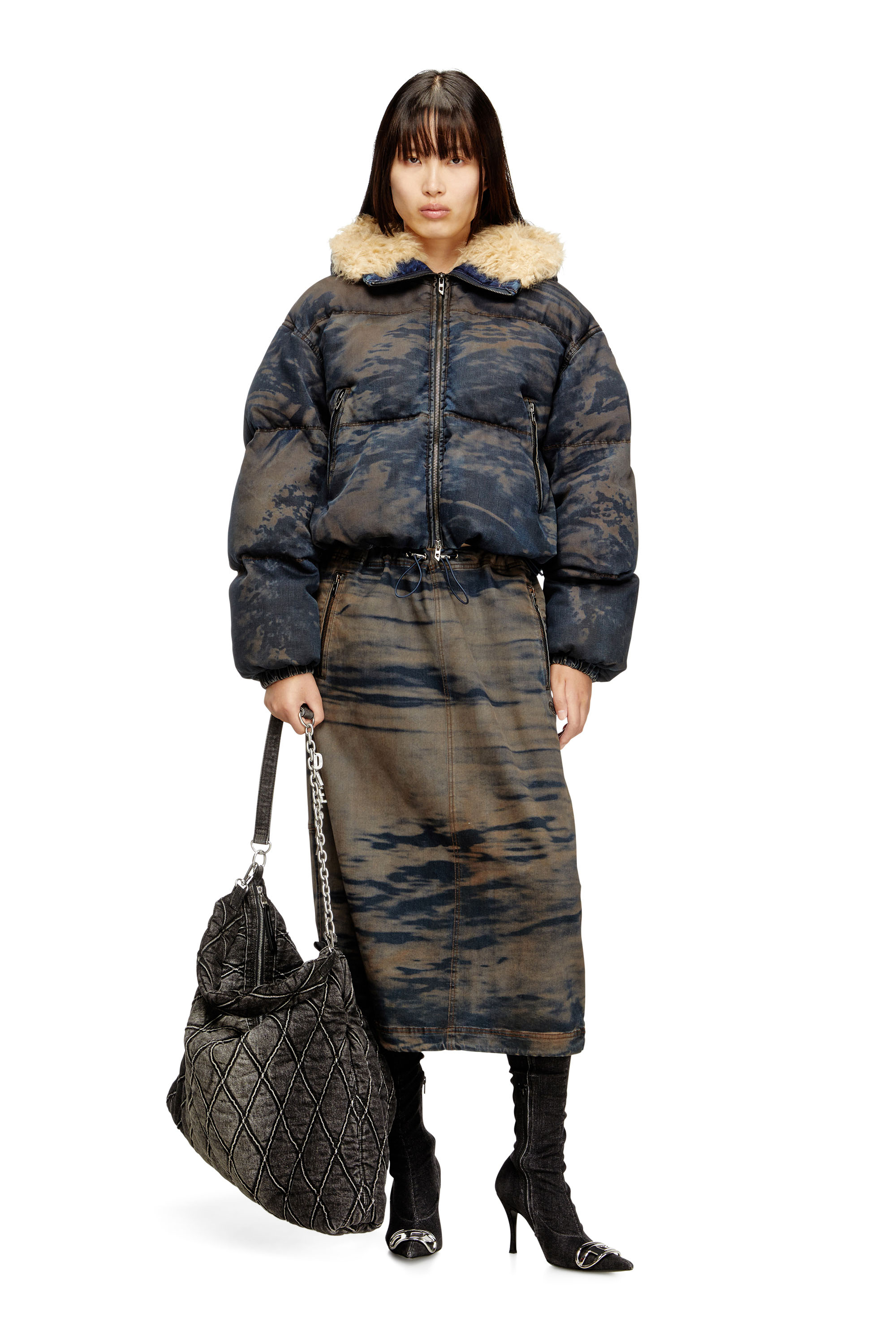 Diesel - O-MIRTOW-DEN, Woman's Midi denim skirt with drawstring in Black/Brown - 1