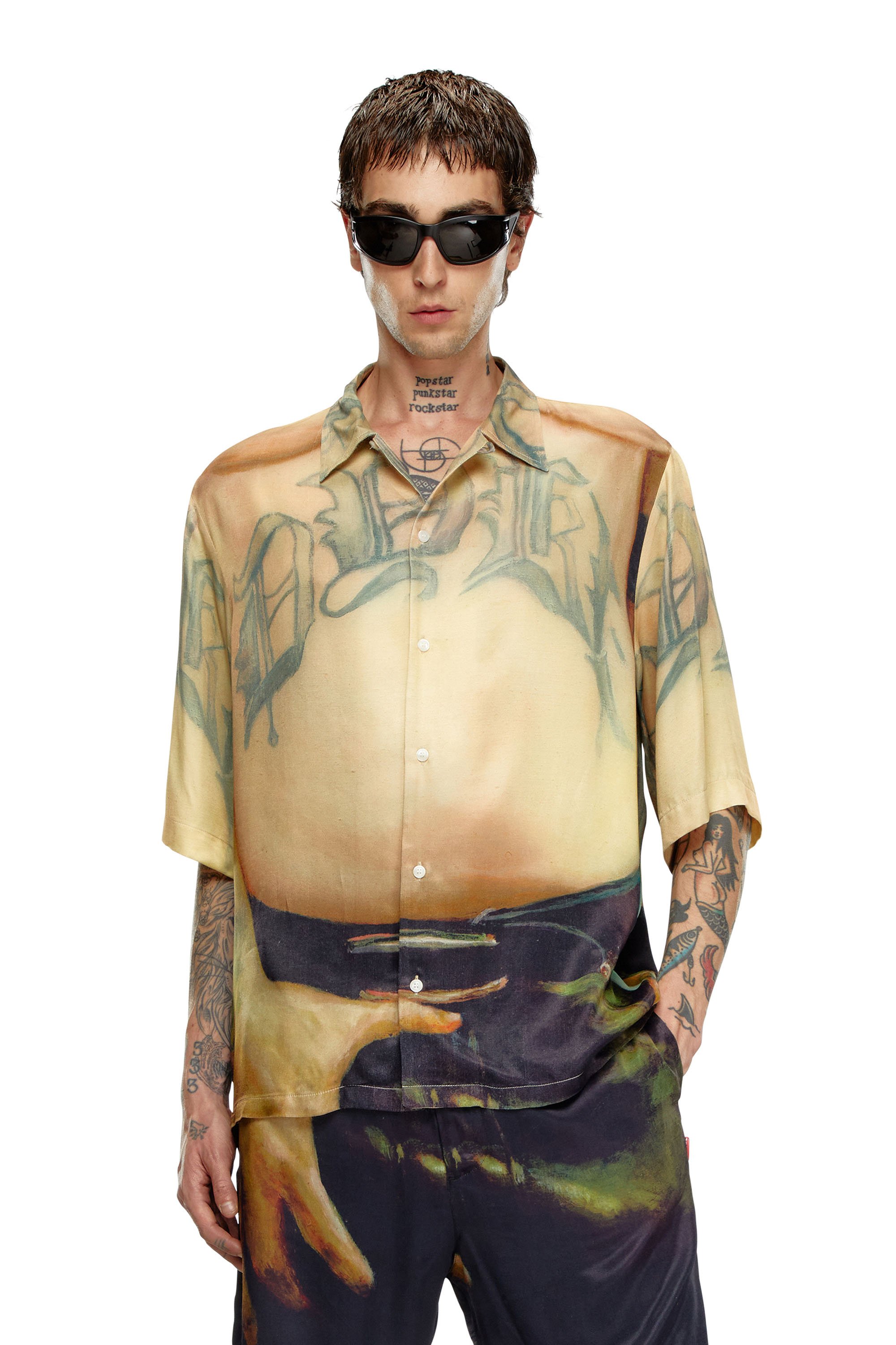 Diesel - PR-S-MEC-SS, Unisex Viscose shirt with all-over print in Beige - Image 1