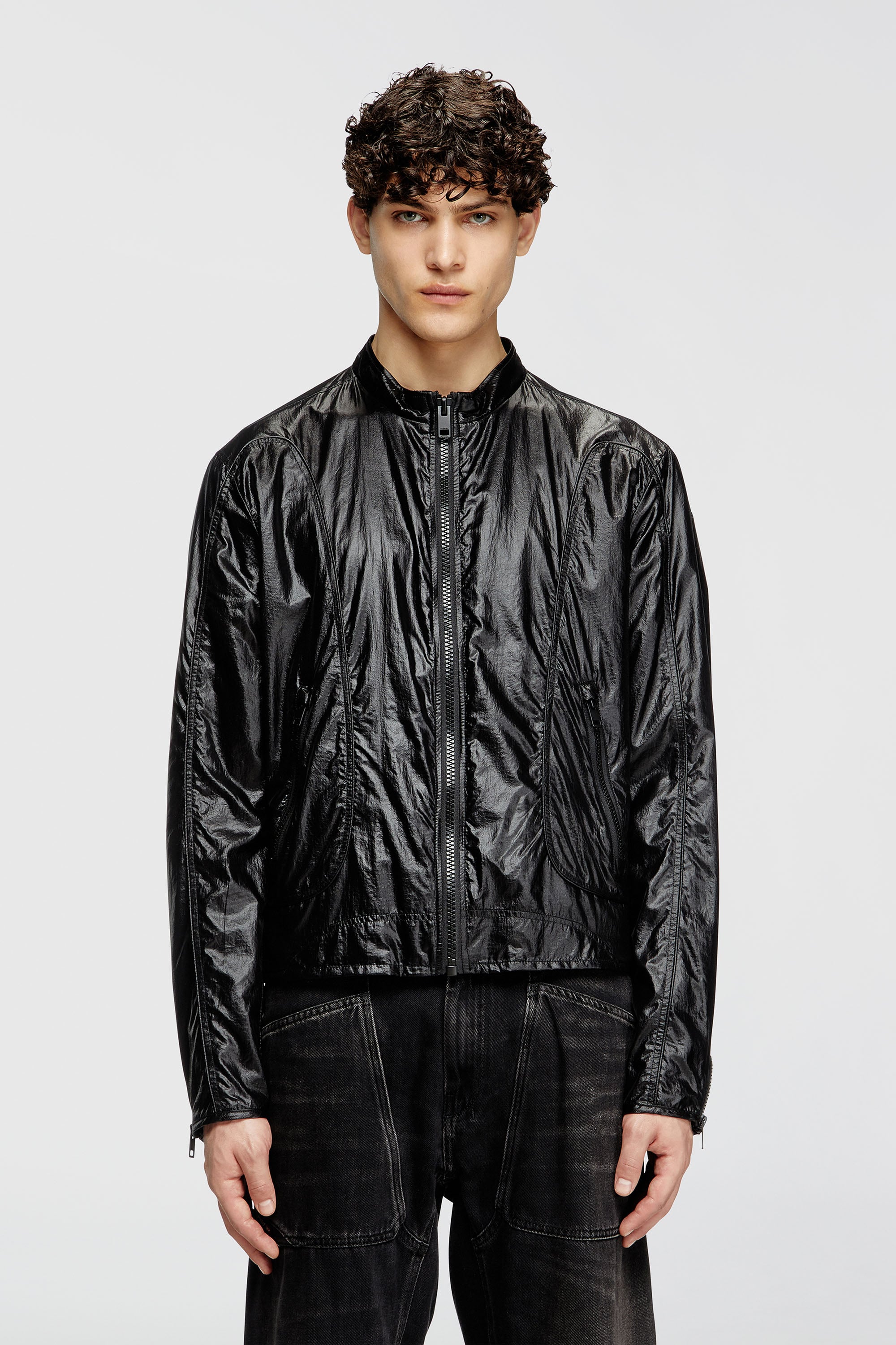 Diesel - J-CLAYS, Man's Biker jacket in shiny ripstop in Black - 3