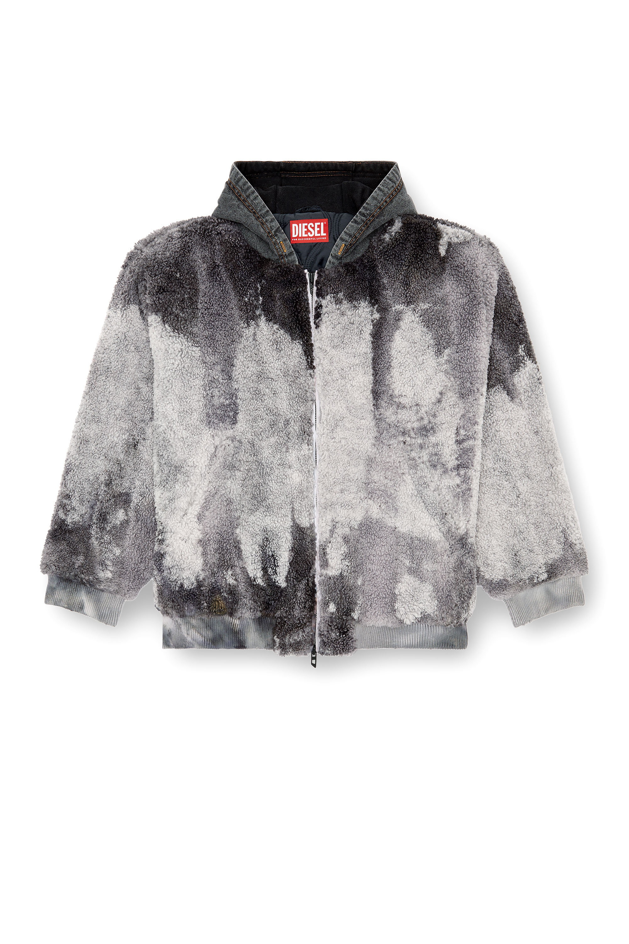 Diesel - S-DEPLA, Man's Tie-dyed teddy jacket with denim hood in Grey - 3