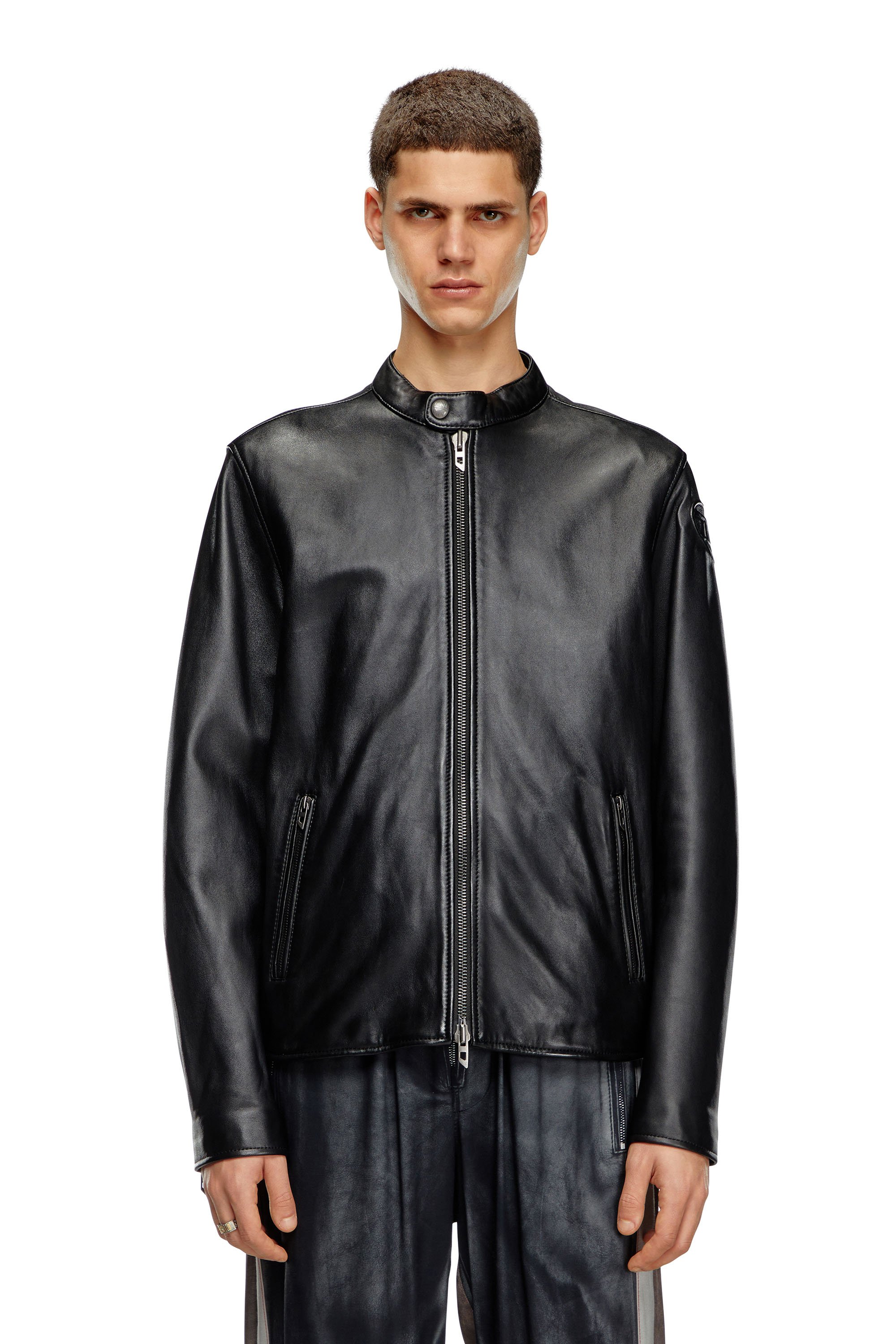 Diesel - L-CARVER, Man Leather biker jacket with embossed logo in Black - Image 1