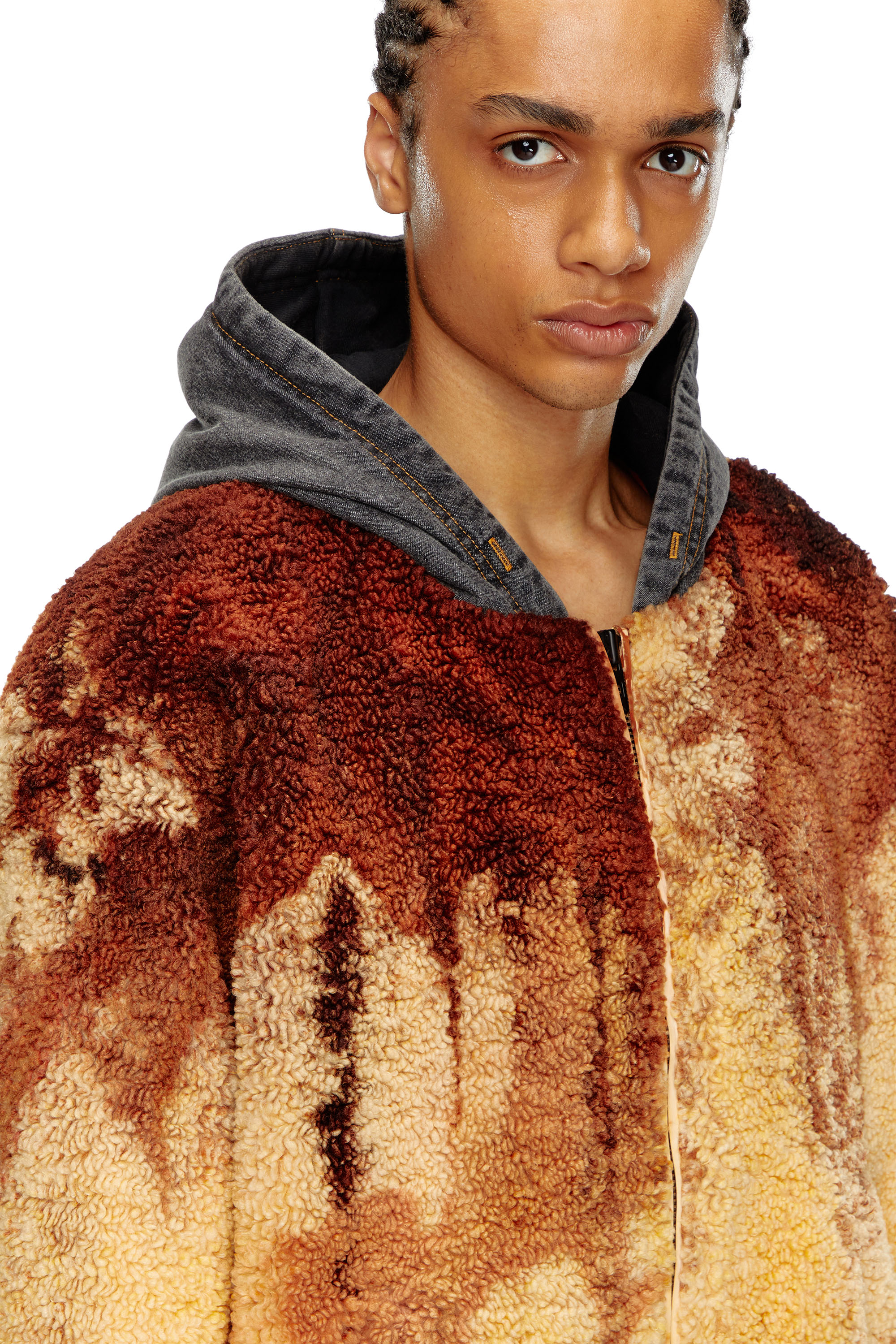 Diesel - S-DEPLA, Man's Tie-dyed teddy jacket with denim hood in Brown/Yellow - 5