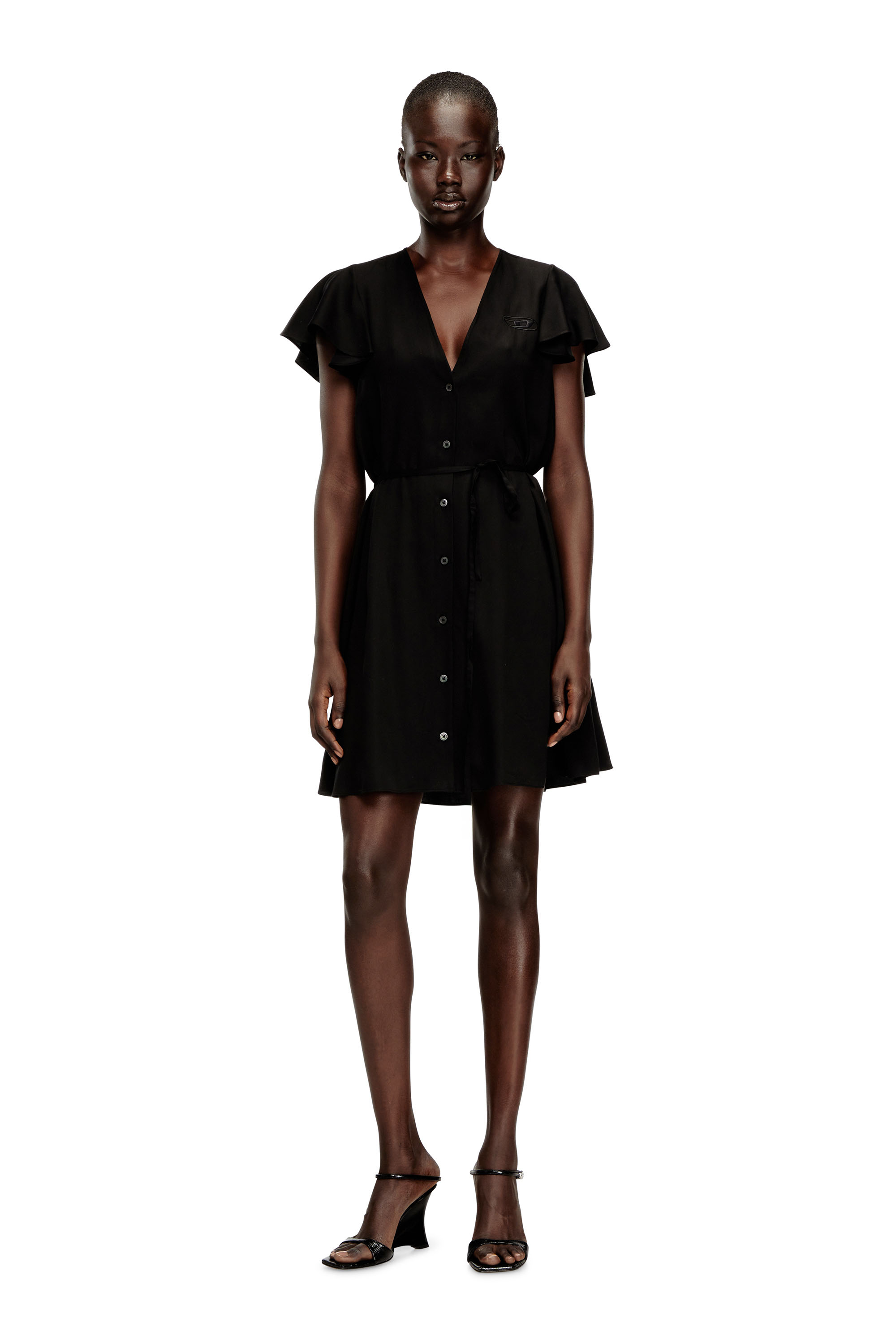 Diesel - D-AIKIRI, Woman's Cupro dress with V-neck and front buttons in Black - 3