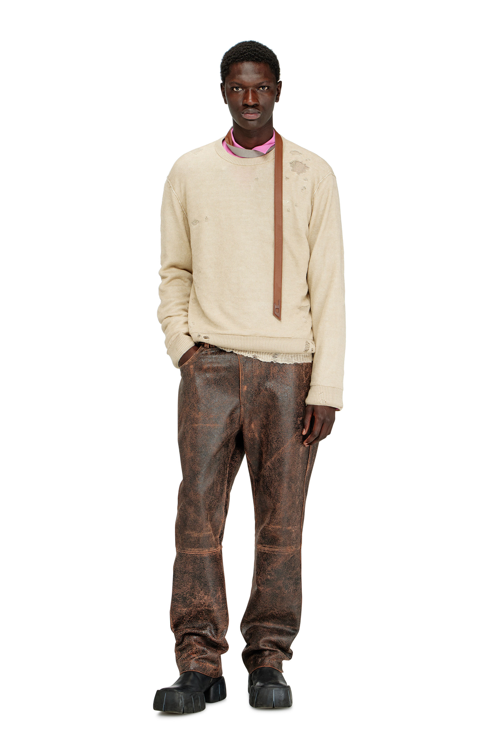 Diesel - K-DAIANAS, Man's Destroyed linen jumper in Light Brown - 2