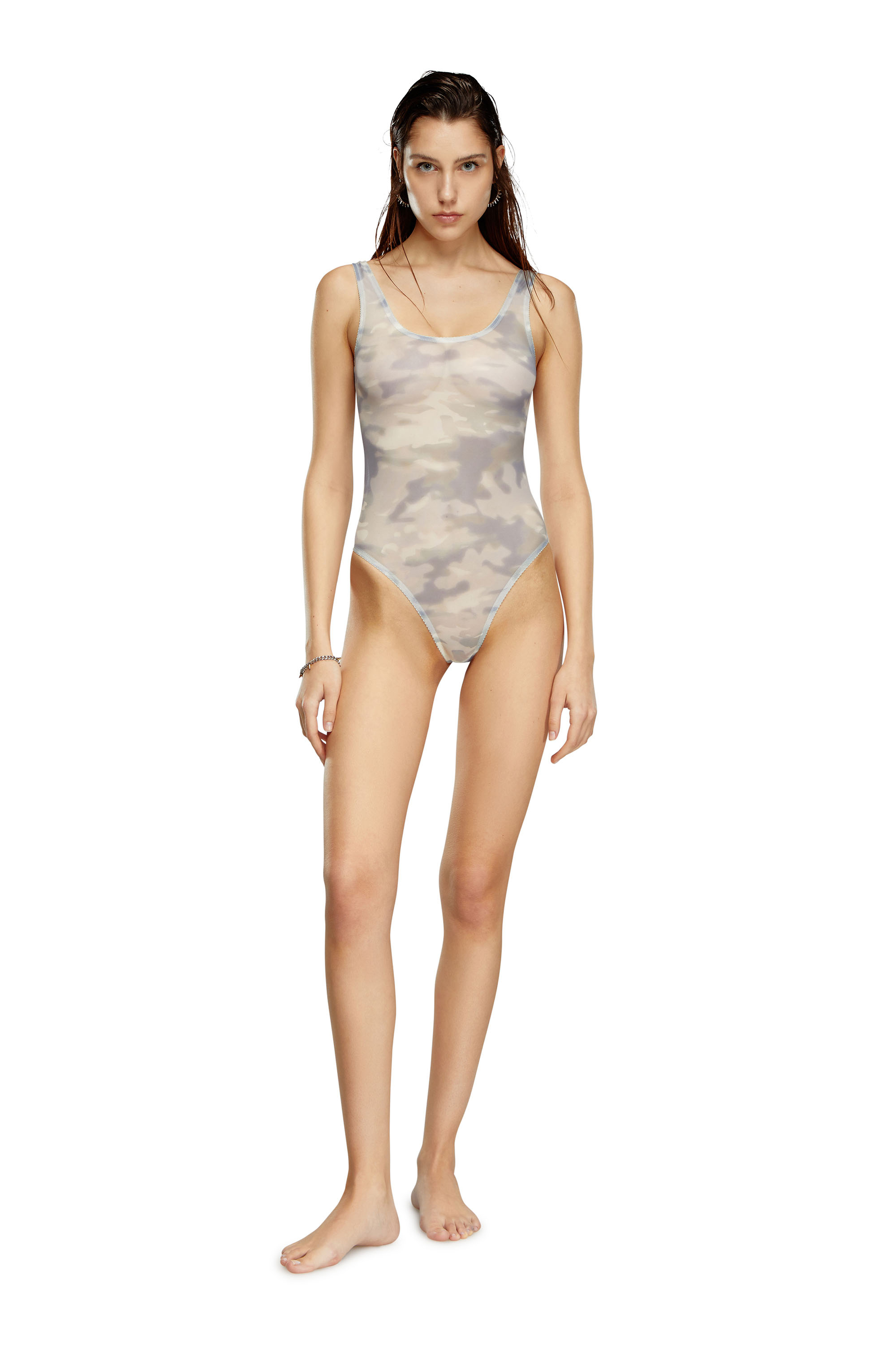 Diesel - UFBY-YOMA, Woman Thong bodysuit in camo stretch mesh in Grey - Image 2