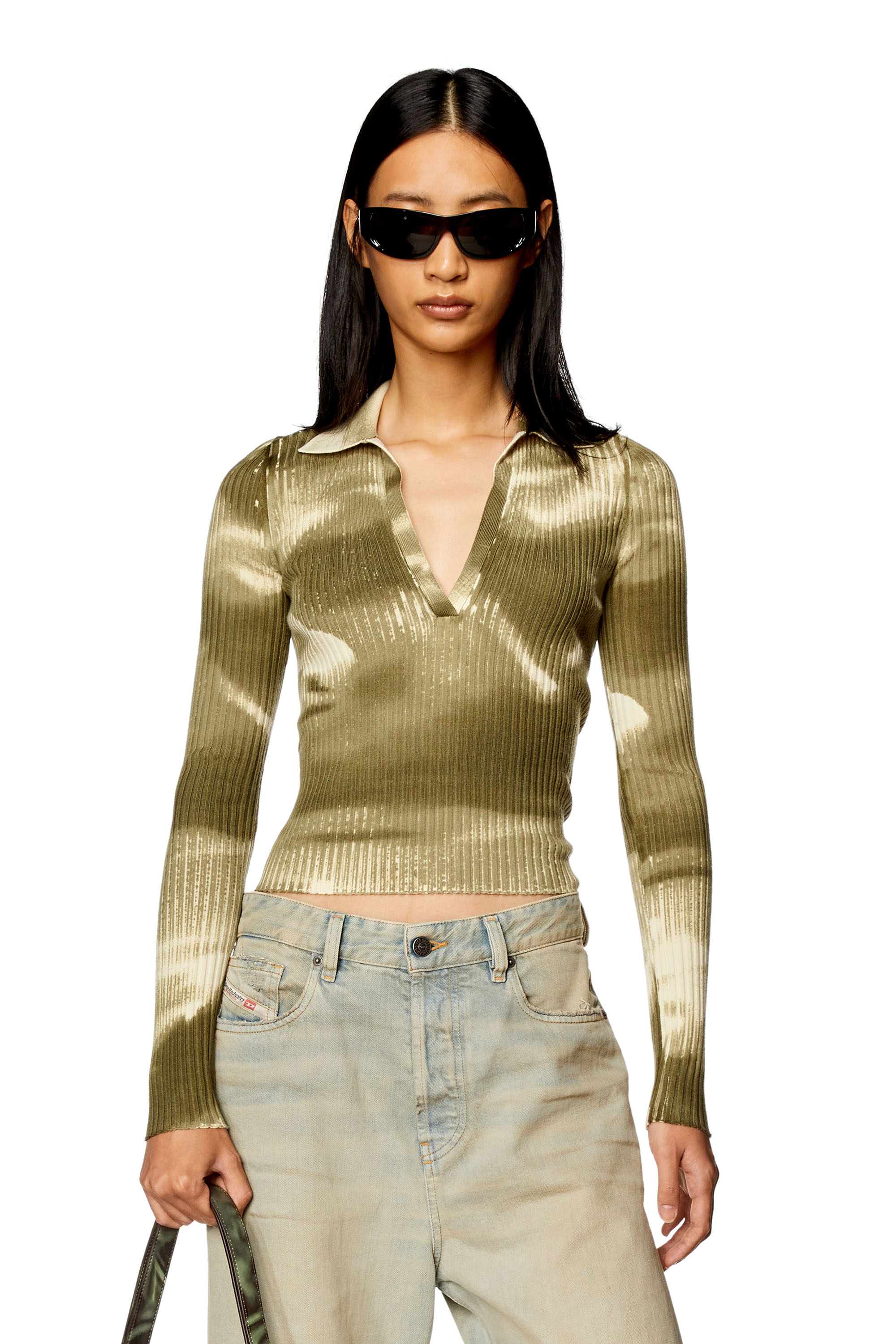 Diesel - M-BRIANA, Woman Wool-knit polo top with camo print in Green - Image 1