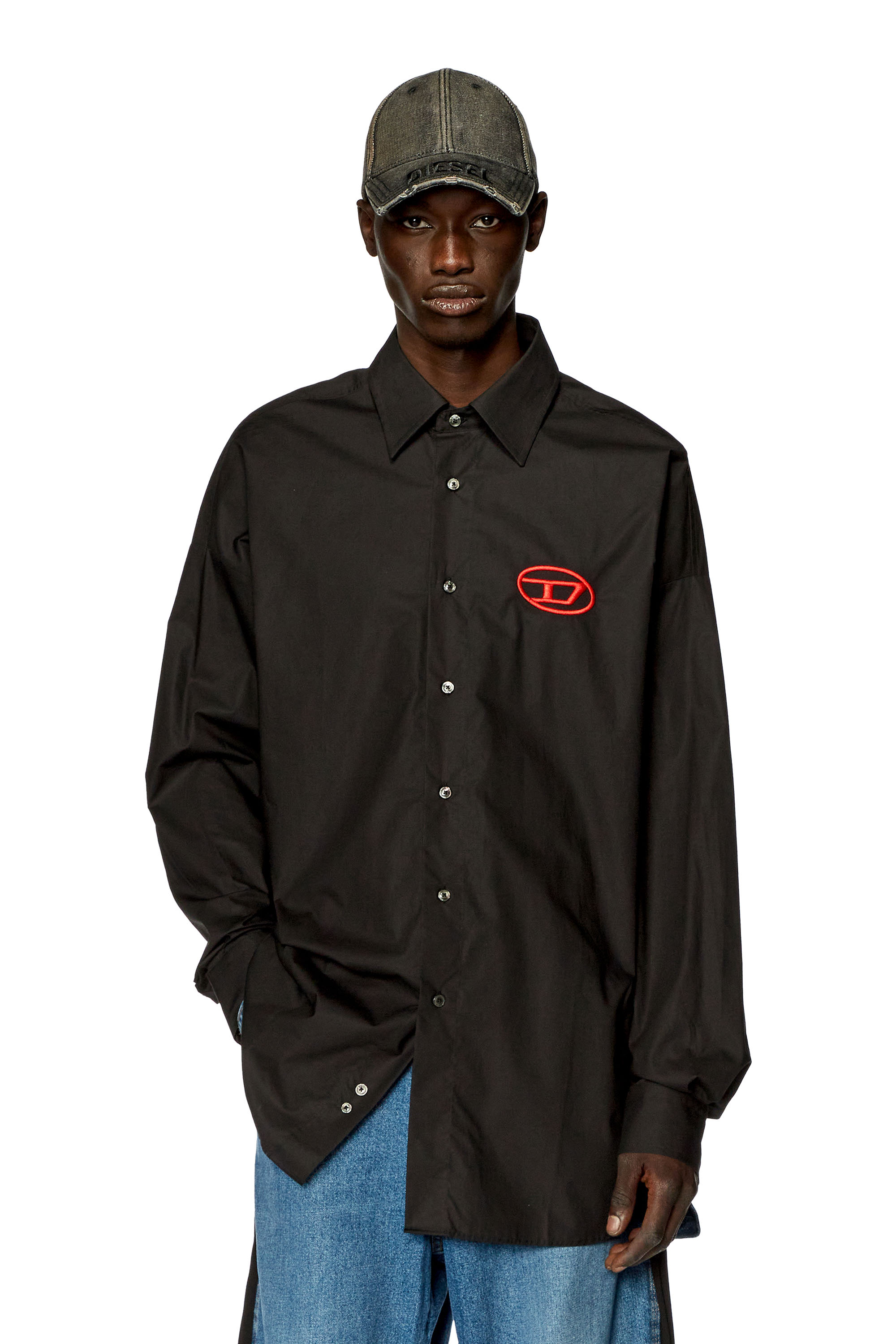 Diesel - S-DOU-PLAIN, Man Poplin shirt with oval D embroidery in Black - Image 1