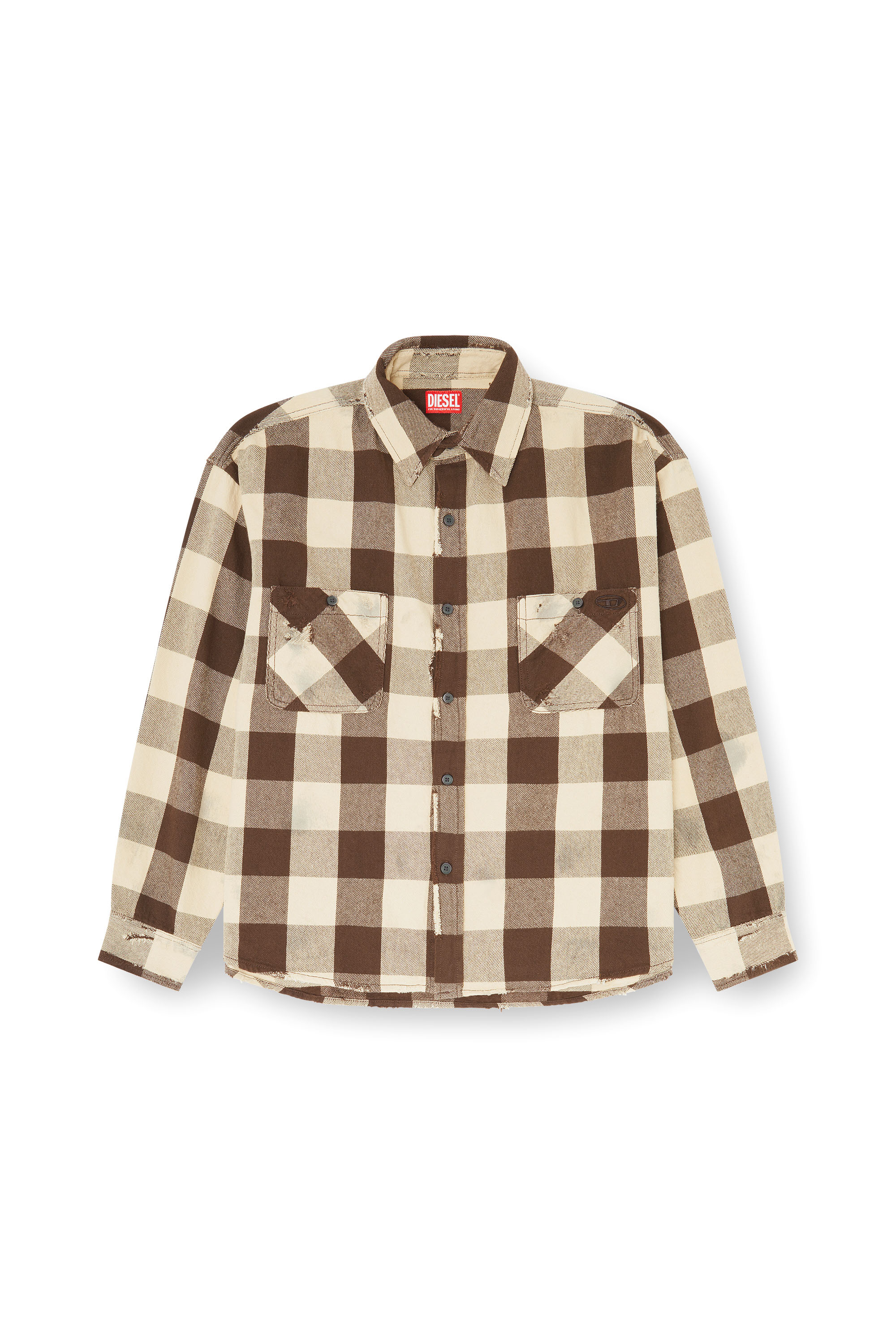 Diesel - S-DRUM, Man's Check flannel shirt with distressed effect in Brown/White - 3