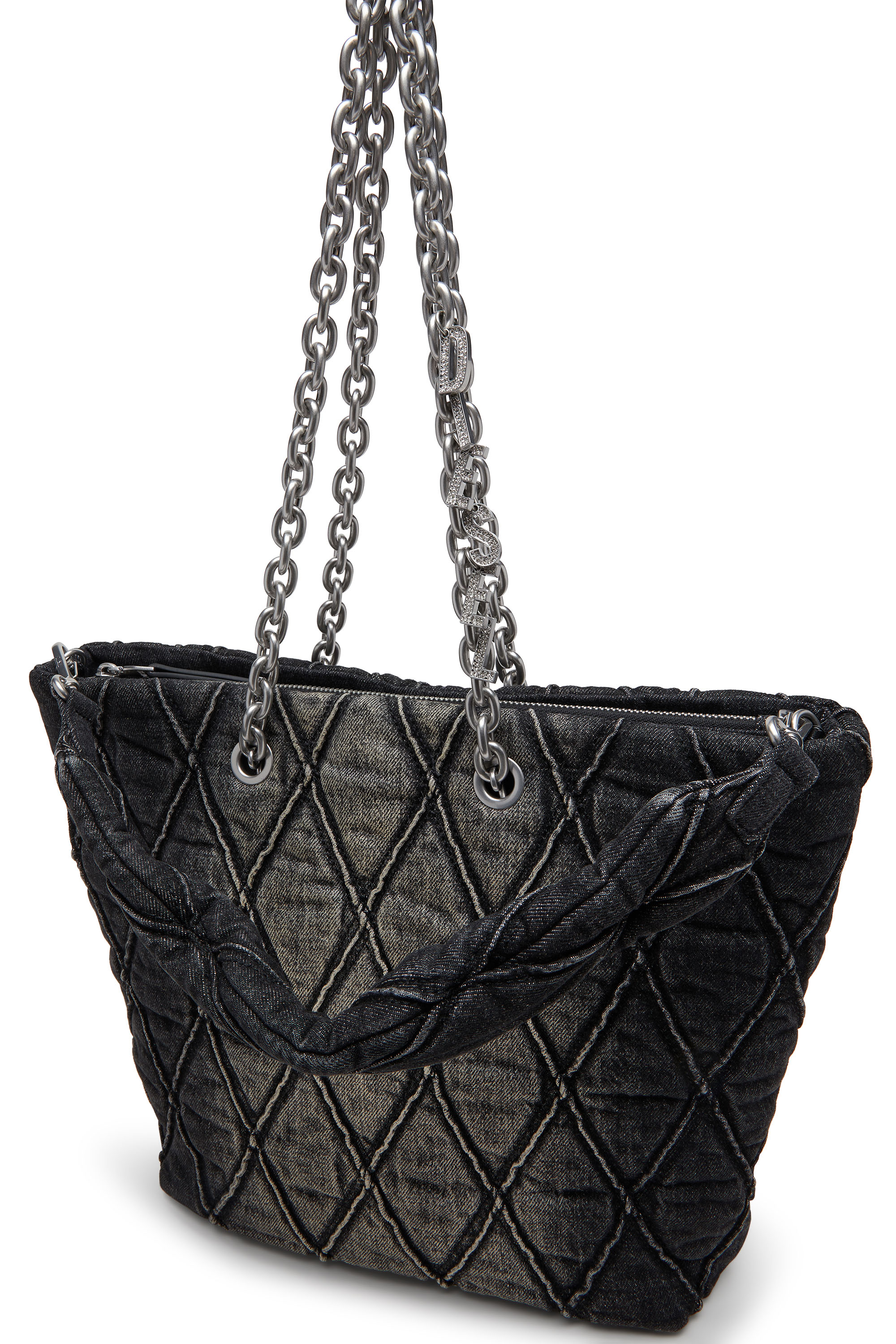 Diesel - CHARM-D SHOPPER M, Woman's Charm-D-Tote bag in quilted denim in Black - 5