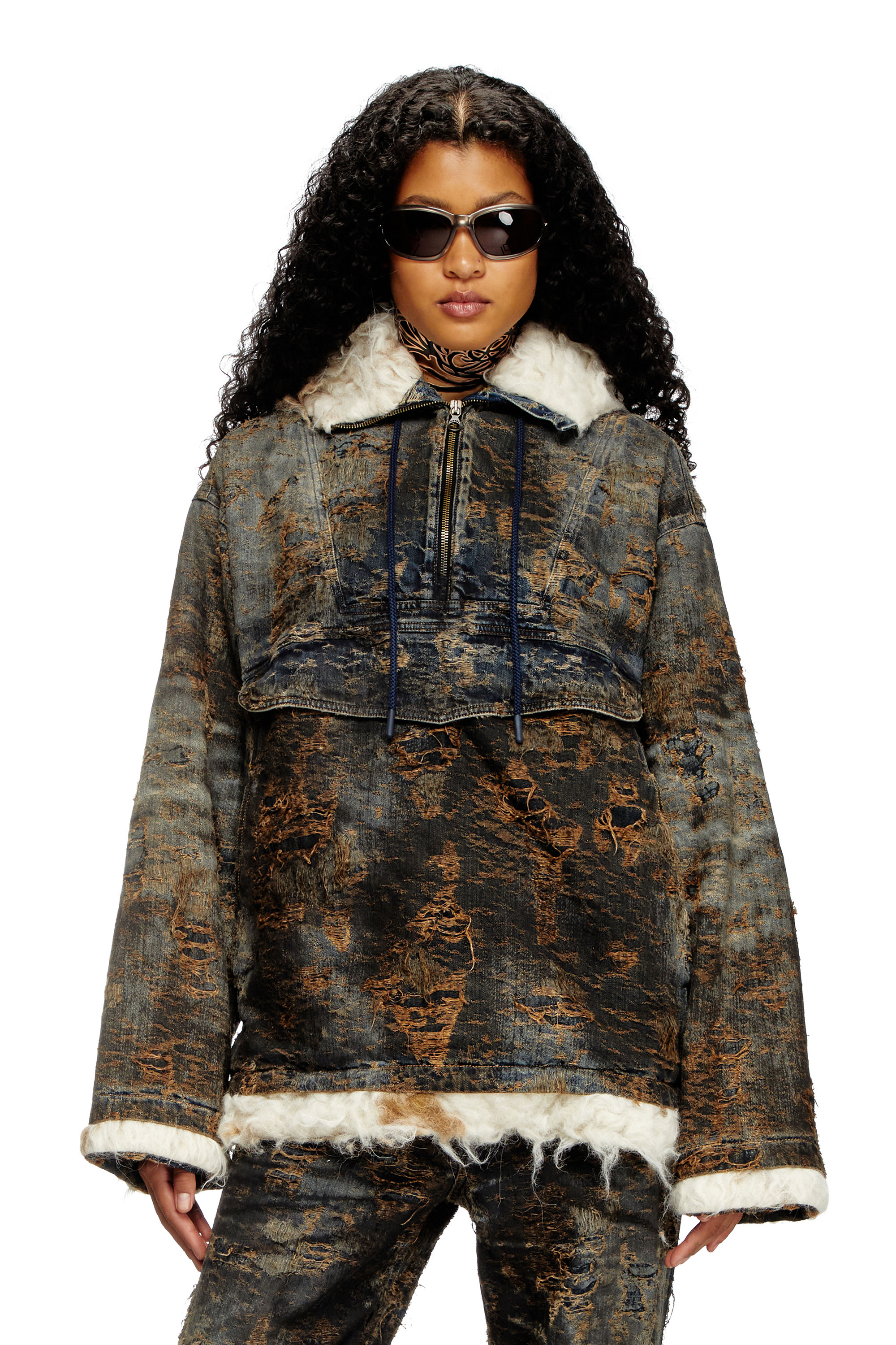 Diesel - D-ARAK-FSF, Unisex's Anorak in coated jacquard denim in Black/Brown - 1