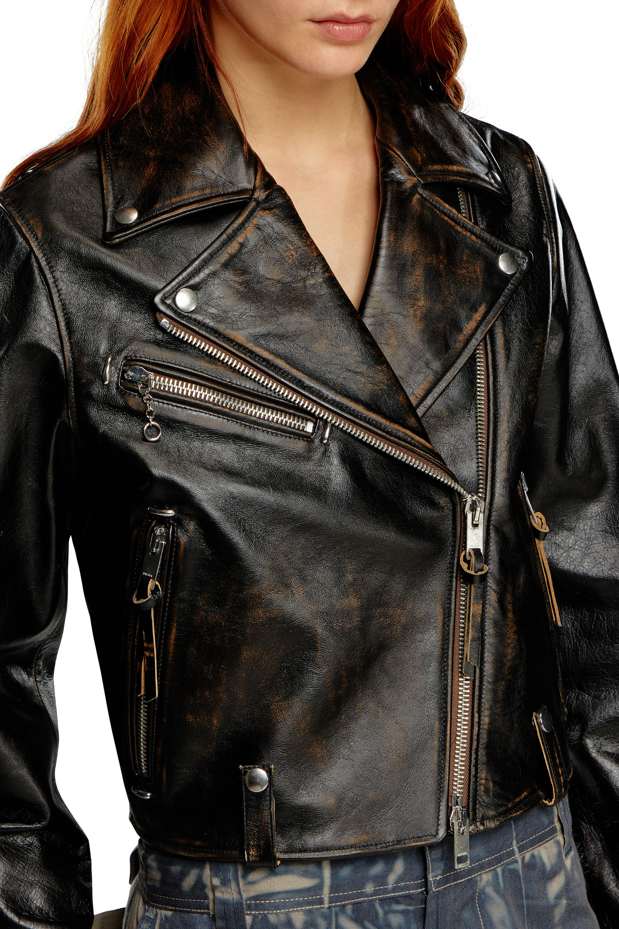 Diesel - L-EDMEA-CL, Woman Biker jacket in treated leather in Black - Image 4
