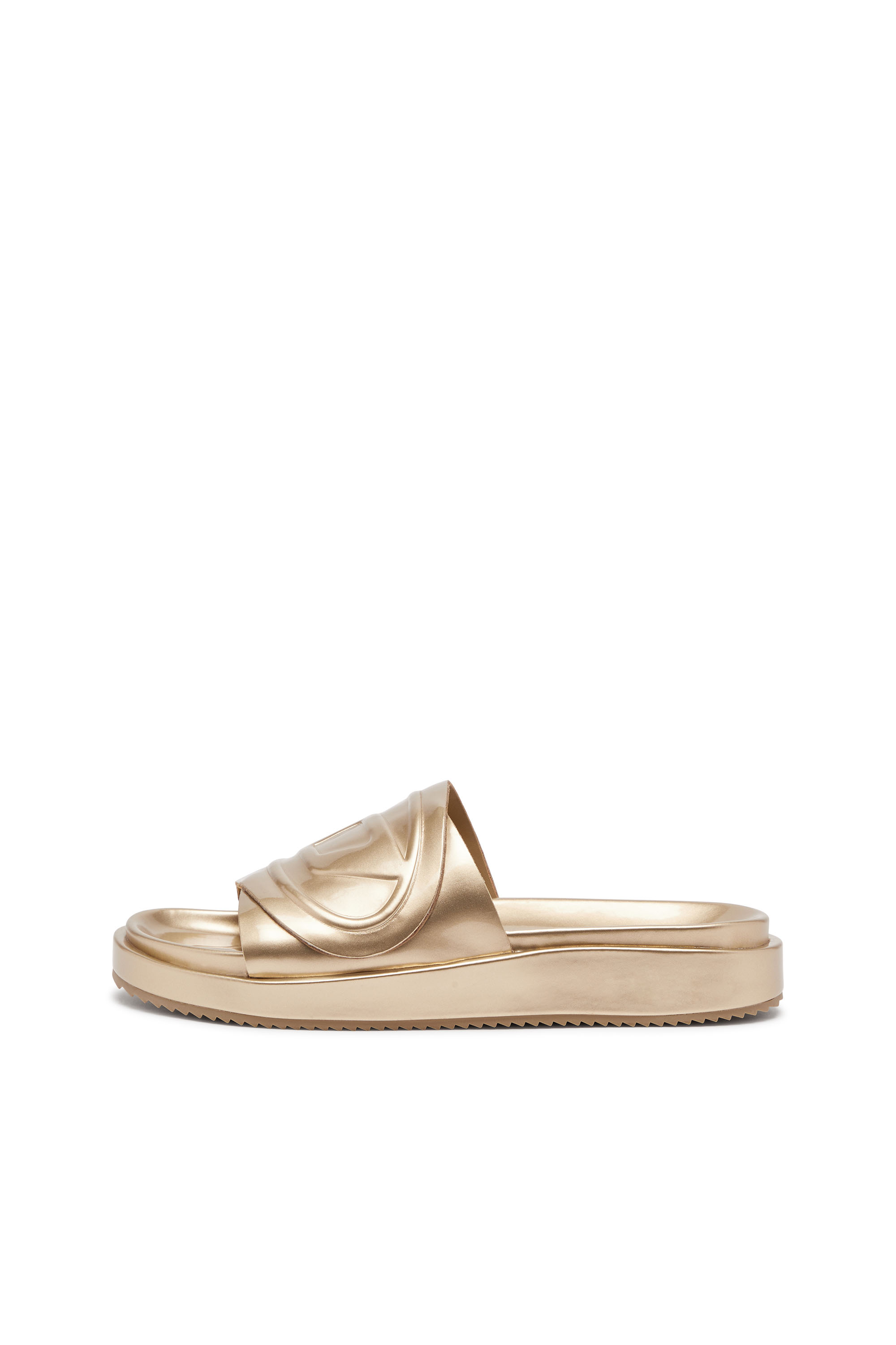 Diesel - SA-SLIDE D OVAL W, Woman Sa-Slide D-Metallic slide sandals with Oval D strap in Oro - Image 7