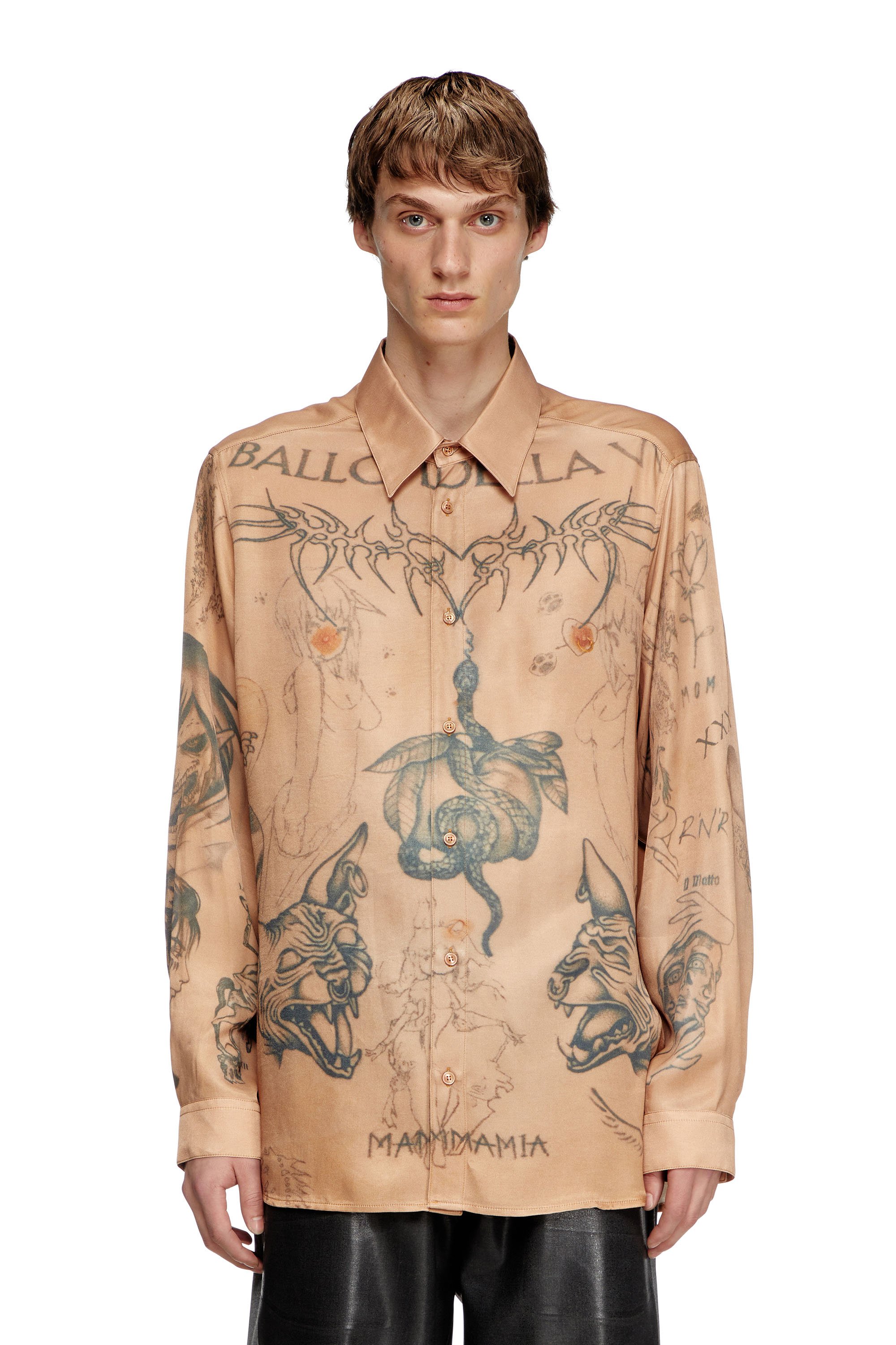 Diesel - S-SIMPLY-TTO-DD, Unisex's Fluid satin shirt with tattoo print in Beige - 2