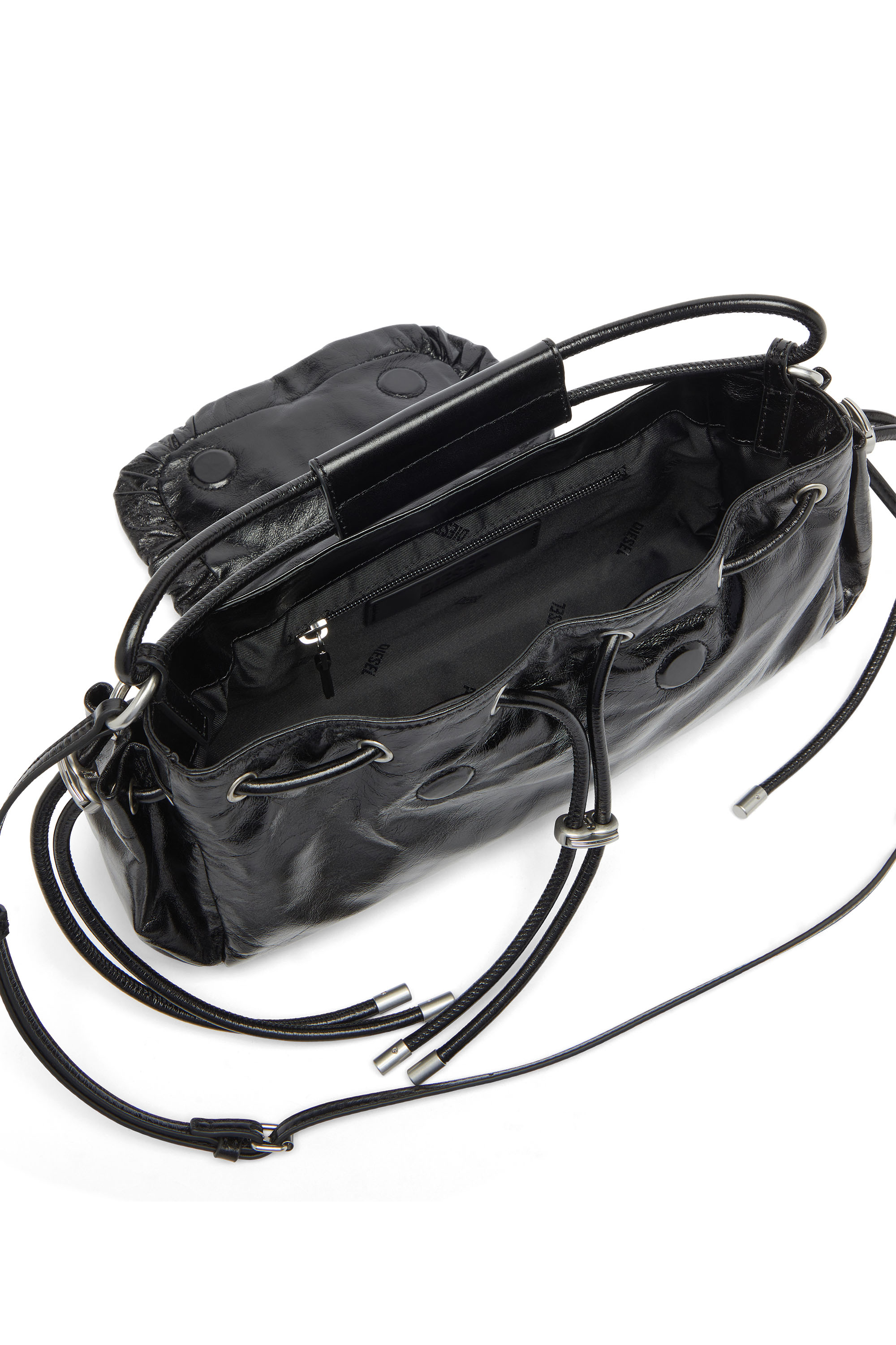 Diesel - SCRUNCH-D TOP HANDLE, Woman's Scrunch-D - Top-handle bag in shiny wrinkled leather in Black - 3