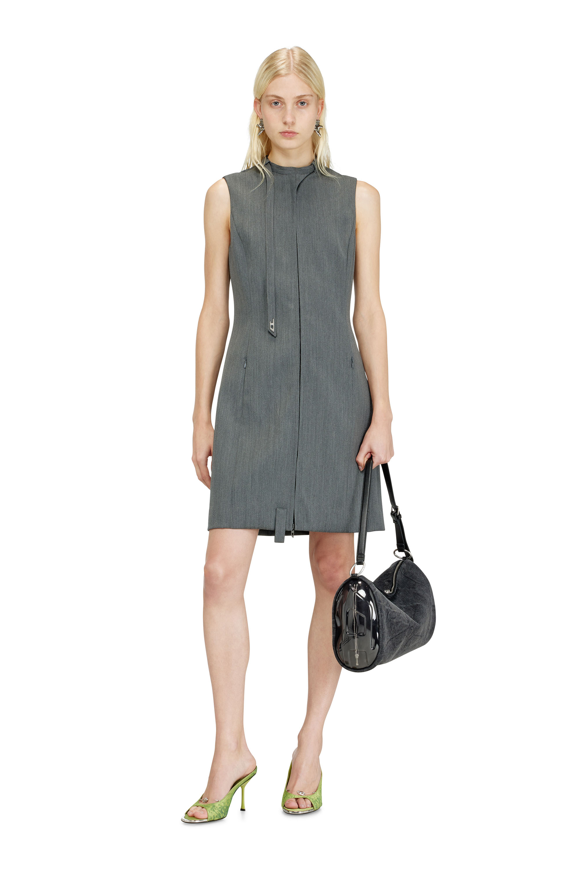Diesel - D-RUVAN, Woman's Tailored midi dress with biker neck strap in Grey - 2